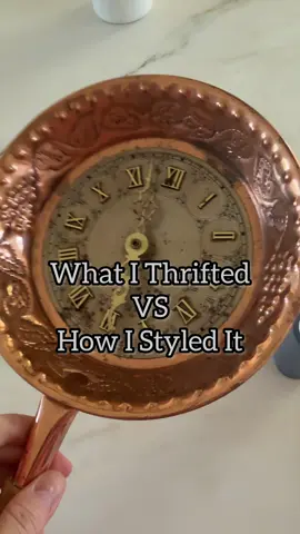 I found this cute little copper pan turned clock at @so_goodwill but after several attempts to make it work for me, something was missing. I let it sit for awhile until the lightbulb went off in my brain to add a pretty blue and white plate on top! Combining copper with blue and white?! SAY LESS! It’s adorable in my kitchen and I love it so much! Can’t find a clock like this? No worries - you can actually create the entire look by finding a fun metal pan and drilling a hole in it yourself! We love a good thrift flip around here!  . . . #vintagehome #thriftedhome #thrifting #thriftflip #thrifttok                      