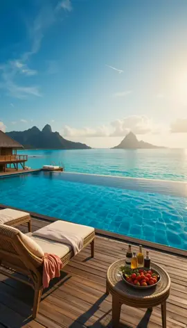 Bora Bora mornings like a dream 🌴☀️💦 Crystal clear water, infinity pool and fresh fruits on the table. A paradise where time slows down and all you can do is enjoy the moment. 🌊🍍🥂
 #LuxuryLifestyle #BoraBora #ParadiseIsland #DreamVacation #LuxuryResort 
