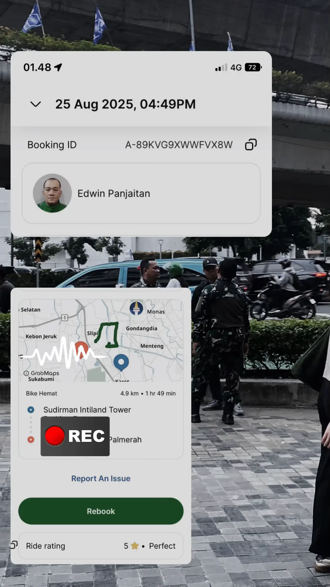 25 Aug.  Sore itu ingin segera kembali ke rumah. Naik ojek online harapannya untuk efisiensi waktu karena situasi hari itu. Dari awal dijemput Pak Edwin sudah diinfo kalau jalan menuju ke tempatku sulit karena dekat dengan pusat demo. Di pikiranku, padahal Pak Edwin tau jalan kesana sulit namun beliau tetap mengambil orderanku. Rasa syukurku penuh saat itu. Dari kantorku, kami jalan melewati Benhil, menuju penjompongan ternyata sudah ditutup jalannya. Kami balik arah ke karet namun dalam perjalan hujan deras, menepi sebentar Pak Edwin memberiku jas hujan “Pakai ya, Ka. Kalau ada masker pakai juga ya, Ka. Helmnya dikaitin. Bahaya situasinya”, kata beliau. Makin besar rasa syukurku disini. Kami jalan lagi ke arah tanah abang. Saat itu sudah selesai maghrib dan kami masih di jalan. Mungkin sekitar pukul 18.30an. Kendaran menuju tanah abang juga berhenti, semuanya stuck. Kembali lagi, Pak Edwin tetap mencari jalan yang aman untuk kami lewati. Tibalah kami memasuki daerah slipi, disitu sangat mencekam. Adik-adik sekolah berlarian karena di kejar aparat. Kami berhenti di salah satu tempat perbelanjaan. Aku memutuskan untuk jalan kaki karena dipikiranku dari slipi ke palmerah sudah dekat dan lebih aman sepertinya kalau jalan kaki. Tidak sampai disitu, Pak Edwin insist untuk menemaniku berjalan kaki karena situasi saat itu tidak kondusif, ramai pendemo dan aparat yang saling beradu. Aku jalan disamping bapak, lagi-lagi rasa syukurku makin berlimpah. Pak Edwin benar-benar memastikan keamananku. Kami hampir sampai ke lampu merah perbatasan slipi-palmerah, tiba-tiba lemparan gas air mata mengarah ke arah kami, kami mundur kembali. Pak Edwin ngarahin aku untuk menunggu di salah satu restoran, “Kaka disini aja ya, lebih aman. Jangan kemana-mana. Tunggu agak reda dulu”. Pak Edwin menunggu aku masuk ke restoran tersebut, setelah aku duduk beliau pamit dari kejauhan.  Beruntungnya aku. Tidak putus rasa syukurku dikelilingin orang baik.  Terima kasih, Pak Edwin.  Sehat terus, salam hormat, Pak!  God bless you, Bapak. 