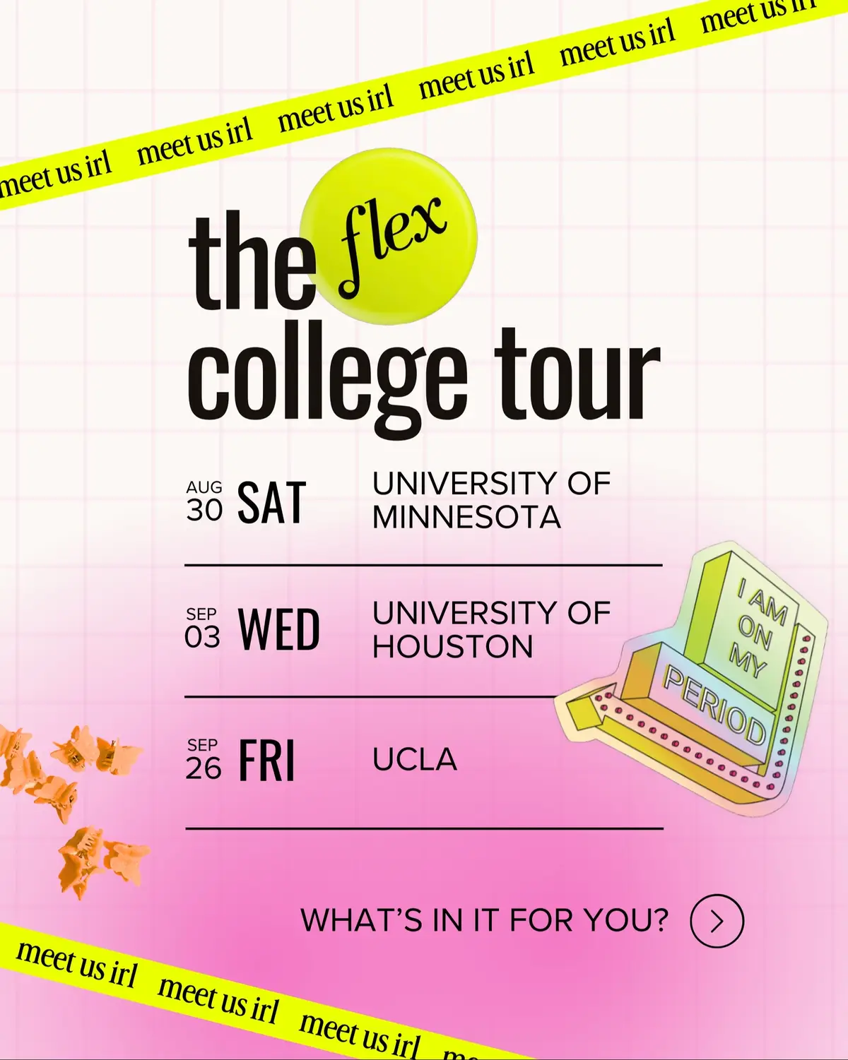 We’re hitting the road for the first-ever Flex College Tour!! Starting with University of Minnesota, University of Houston, and UCLA. Expect free period product samples, exclusive merch, epic prizes, giveaways, and real talk (no such thing as TMI) about periods with our community. Are you (or your bff) on campus? Tag them below and come hang with us irl. More to come… stay tuned! #freeevents #universityofhouston #periodproducts #ucla #universityofminnesota 