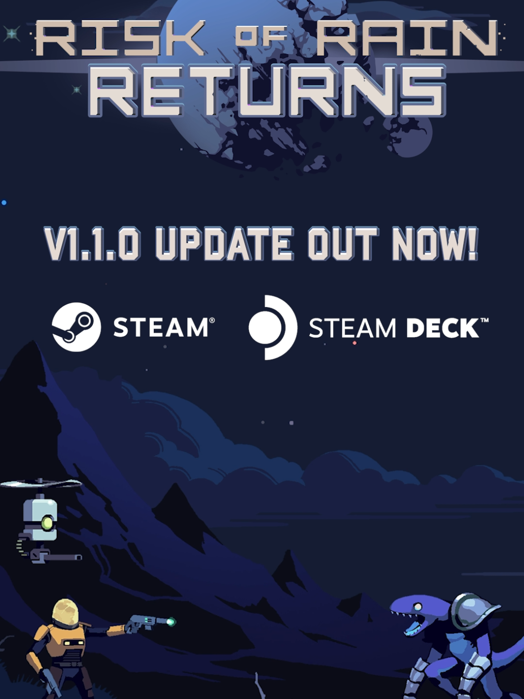 Risk of Rain Returns... returns! The Steam Deck Update V 1.1.0 is out now! Feat. *experimental* 32-player multiplayer, updated systems, new content, and more! Also, tune in on Sept. 5 at 10:00am PT when we will reveal the first new Survivor in Risk of Rain 2: Alloyed Collective and the expansion's release date! #riskofrain #riskofrainreturns 