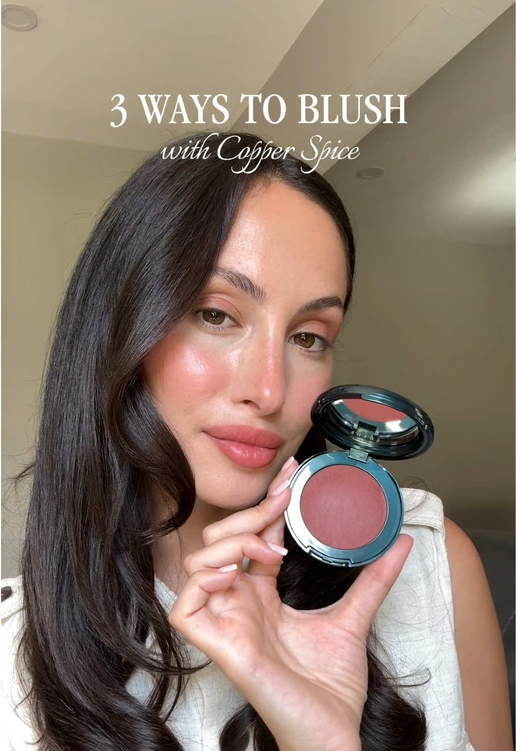 3 ways to use Copper Spice for a sunkissed look: 1) Tap onto the tops of the cheekbones and nose for a faux suntan  2) Swipe onto the eyelids as a natural  eyeshadow 3) Dab onto the lips for an effortless blurred flush #blush #makeuptutorial 