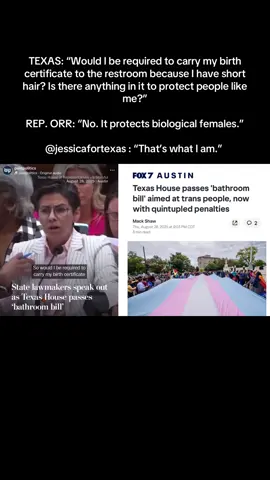 TEXAS: “Would I be required to carry my birth certificate to the restroom because I have short hair? Is there anything in it to protect people like me?” REP. ORR: “No. It protects biological females.” @jessicafortexas : “That’s what I am.”  More: https://www.fox7austin.com/news/texas-house-transgender-bathroom-bill