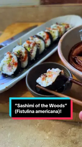 The beefsteak polypore (Fistulina americana) should really be called “sashimi of the woods,” because it honestly makes SUCH a good dupe for fish! #beefsteakfungus #fistulinaamericana #sushirecipe #mushroomauntie #mushroomedu 