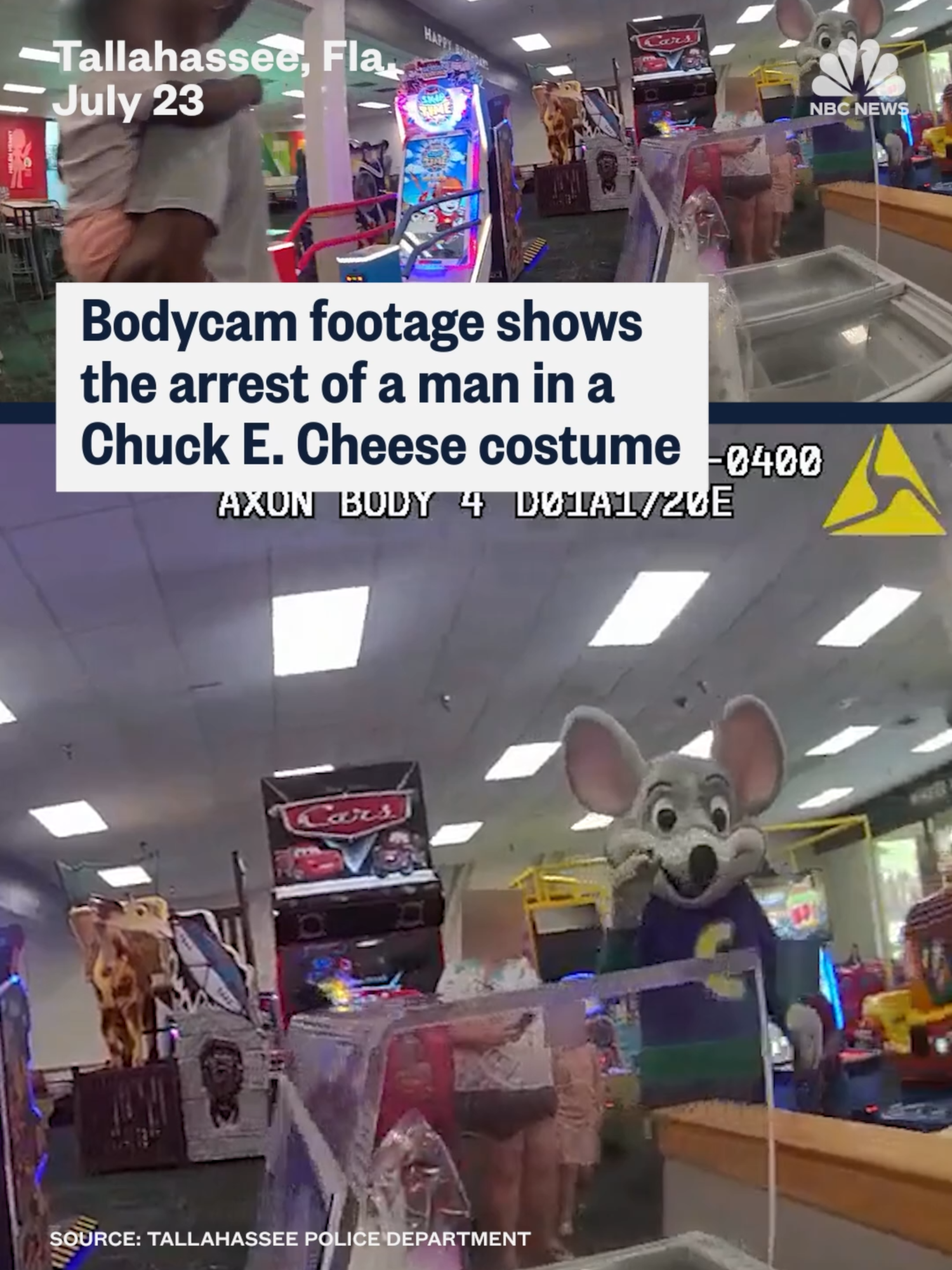 Body camera footage released by #Florida police shows the arrest of a Chuck E. Cheese employee in costume as the pizza-hawking rodent who was accused of using a stolen credit card, according to officials.