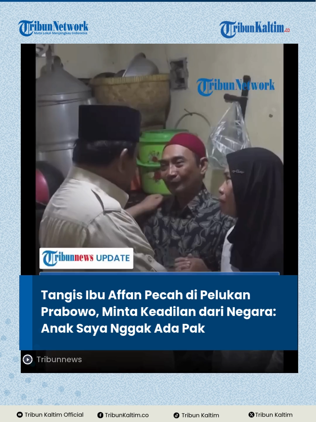 Tangis haru pecah di rumah duka Affan Kurniawan, driver ojek online yang tewas tertabrak rantis Brimob.  Sang ibu, Erlina, tak kuasa menahan air mata ketika dipeluk Presiden Prabowo Subianto yang datang melayat pada Jumat (29/8) malam. #AffanKurniawan #Prabowo #BeritaTerkini #Jakarta #BreakingNews #TribunKaltim
