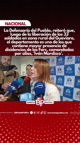 La Defensoría del Pueblo, reiteró que, luego de la liberación de los 33 soldados en zona rural del Guaviare, el departamento es uno de los que contiene mayor presencia de disidencias de las Farc, comandadas por alias, 'Iván Mordisco'. 