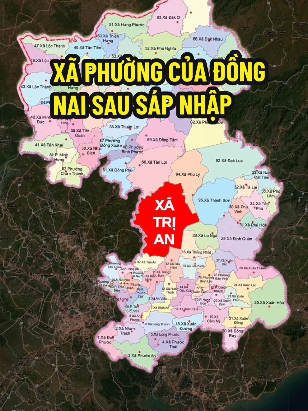 Tỉnh Đồng Nai sau sáp nhập được chia làm 95 đơn vị hành chính cấp xã, gồm 72 xã và 23 phường; Về phía tỉnh Bình Phước cũ chia làm 40 đơn vị hành chính cấp xã (gồm 8 phường và 32 xã). Trong đó, huyện Lộc Ninh chia làm 6 xã, huyện Bù Đốp chia làm 3 xã, huyện Bù Gia Mập chia làm 4 xã, huyện Bù Đăng chia làm 6 xã, thị xã Phước Long chia làm 2 phường, huyện Phú Riềng chia làm 4 xã, thị xã Bình Long chia làm 2 phường, huyện Hớn Quản chia làm 4 xã, thị xã Chơn Thành chia làm 2 phường và 1 xã, Thành phố Đồng Xoài chia làm 2 phường, huyện Đồng Phú chia làm 4 xã. Về phía tỉnh Đồng Nai cũ chia làm 55 đơn vị hành chính với 40 xã và 15 phường. Trong đó, huyện Tân Phú chia làm 5 xã, huyện Định Quán chia làm 5 xã, huyện Vĩnh Cửu chia làm 3 xã, Thành phố Biên Hòa chia làm 10 phường, huyện Trảng Bom chia làm 5 xã, huyện Thống Nhất chia làm 3 xã, thành phố Long Khánh chia làm 5 phường, huyện Xuân Lộc chia làm 6 xã, huyện Cẩm Mỹ chia làm 5 xã, huyện Long Thành chia làm 5 xã, huyện Nhơn Trạch chia làm 3 xã. Trong đó, Trị An là xã rộng nhất tỉnh Đồng Nai. Bạn đang ở xã phường nào của Đồng Nai? Hãy để lại bình luận của bạn cho mình nhé! #XãPhườngCủaĐồngNai #ĐồngNai #BìnhPhước 