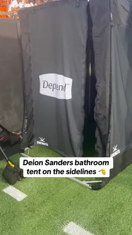 A Depends-branded bathroom tent on the sidelines for Deion Sanders, who had his bladder removed #cfp #CollegeFootball #deionsanders #colorado #georgiatech 