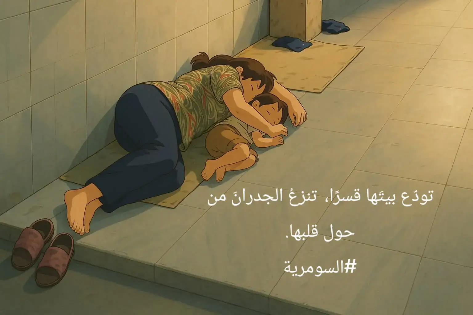 تودّع بيتَها قسرًا،  تنزعُ الجدرانَ من حول قلبها. #السومرية