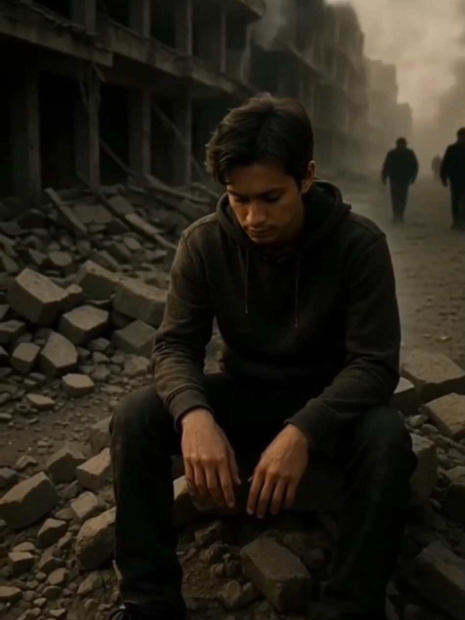prompt: A cinematic video of a young man sitting alone on a pile of rubble in a destroyed city. The camera slowly circles around him, capturing his slouched posture and sorrowful expression. Dust and smoke drift through the air, with faint sun rays cutting through the haze. People move in the blurred background like distant shadows, symbolizing a world moving on without him. The atmosphere is emotional, melancholic, and dramatic, with slow motion and warm yet muted tones.