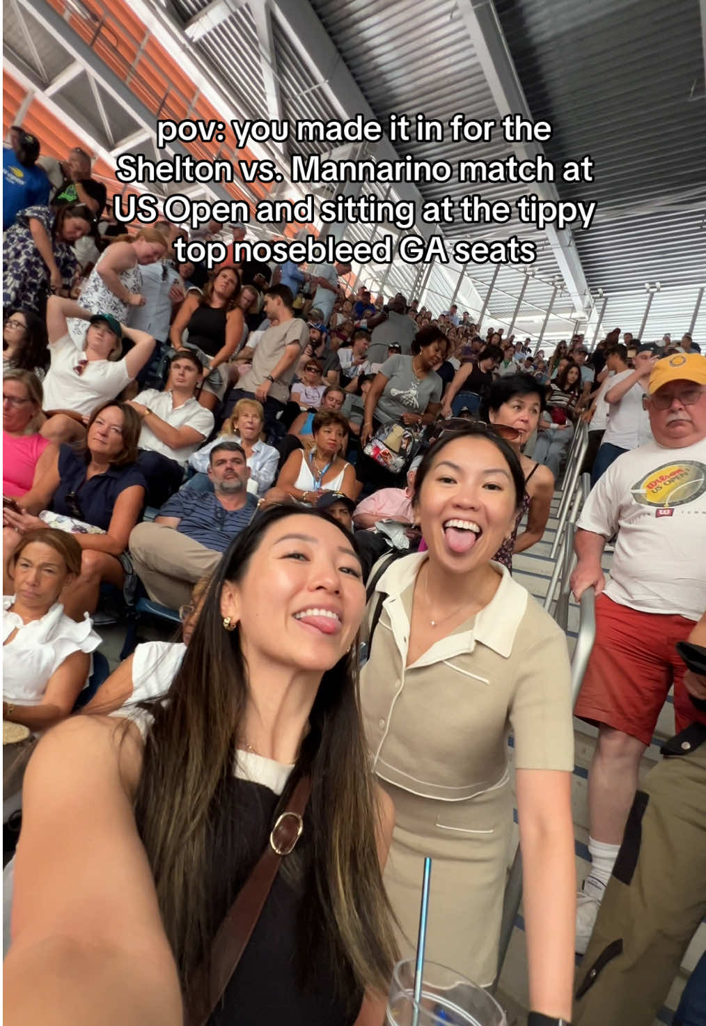 What it’s like sitting at the tippy top nosebleed GA seats for the Shelton vs Mannarino walkover match… get better soon Shelton! It was kinda scary walking all the way up and took forever to get down 😂 #USOpen #tennis #nyc #honeydeuce #pov 