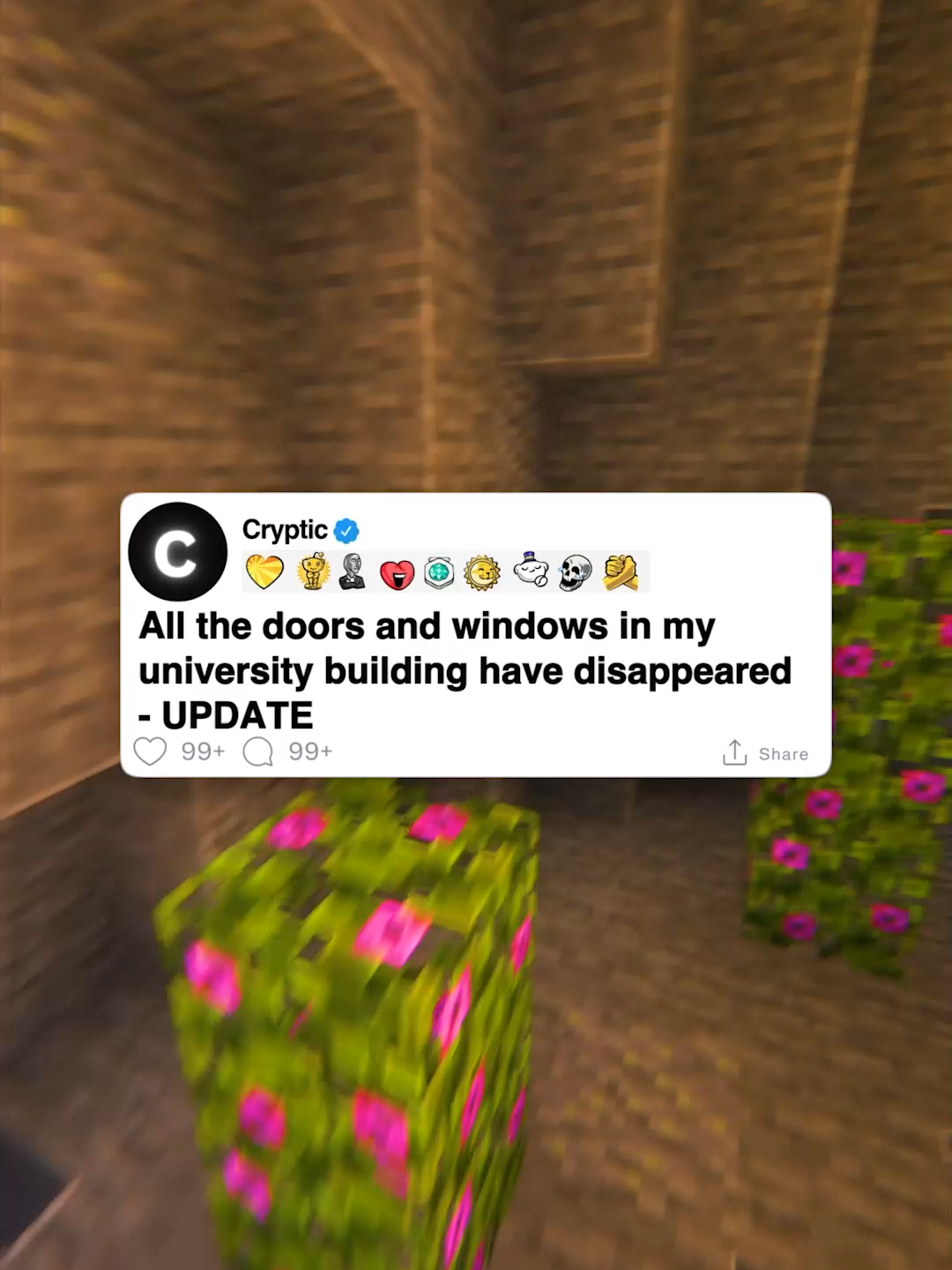 Mr_Outlaw_:All the doors and windows in my university building have disappeared. #cryptic #minecraftparkour #askreddit #scary #reddithorror #redditreadings #paranormal #fyp #horrorstoriestok #horror #nosleep #creeky