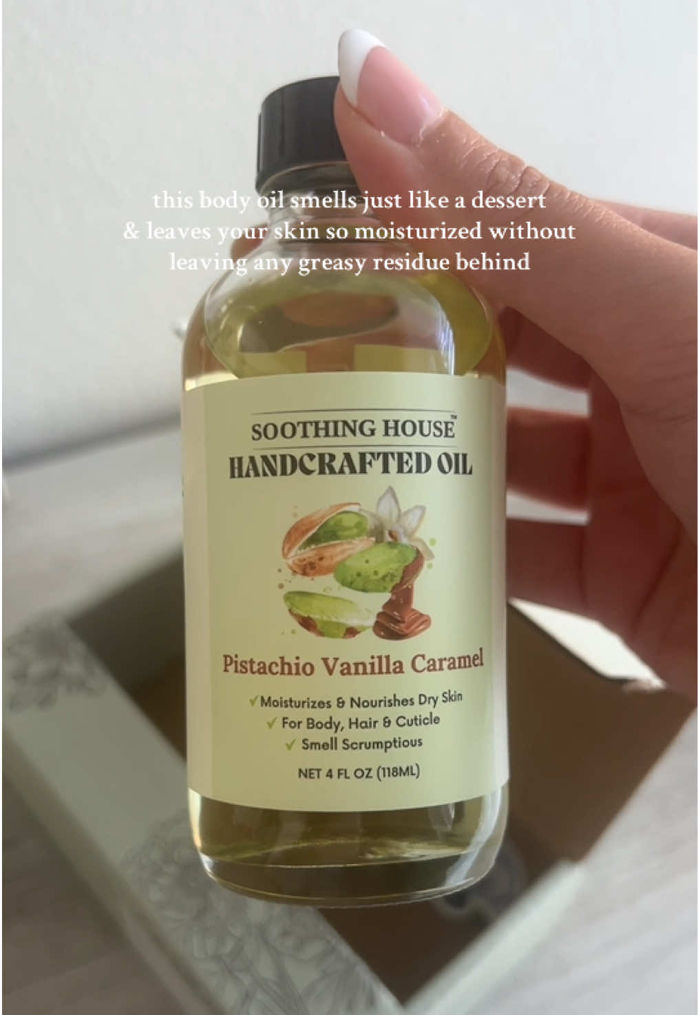 this body oil paired with the eos pistachio lotion or sol de janiero pistachio body mist>> #bodyoil #pistachiobodyoil #pistachiovanillacaramel #bodycare #scentedbodyoil 