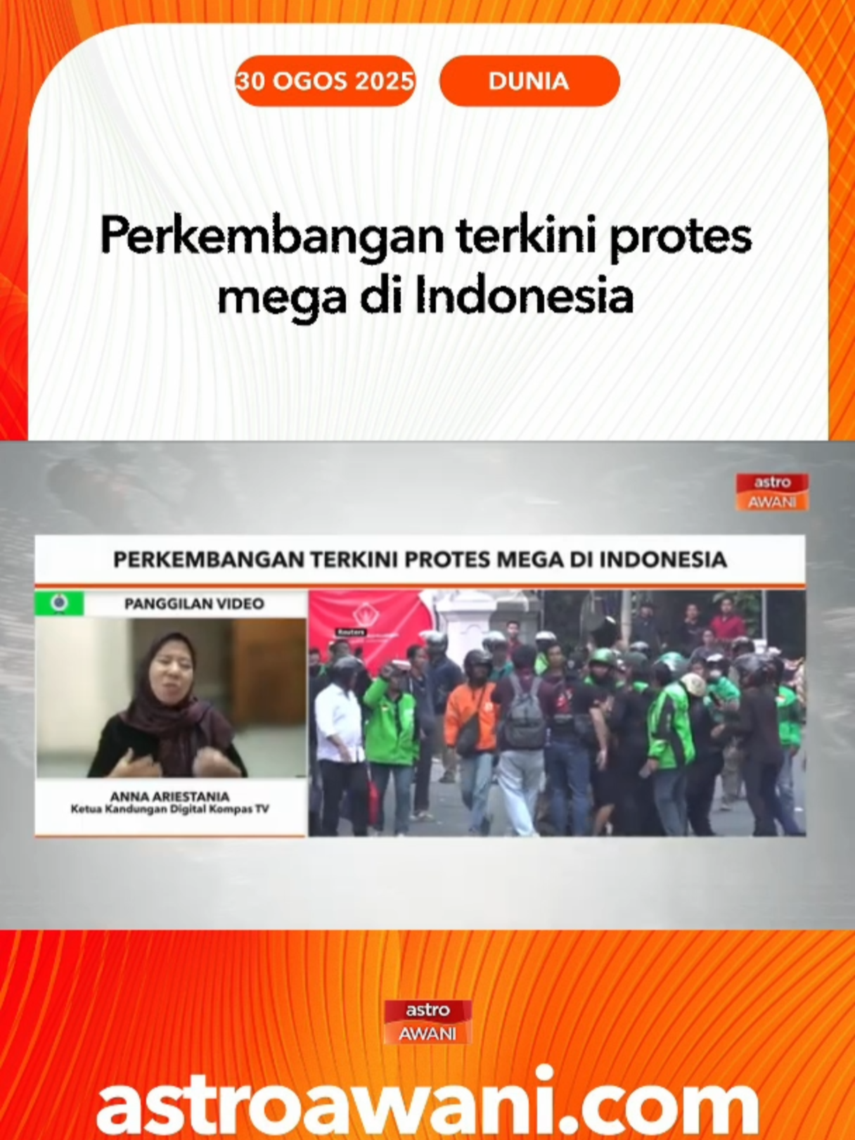 Langsung dari Jakarta, Ketua Kandungan Digital Kompas TV, Anna Ariestania berkongsi perkembangan terkini protes besar-besaran yang kini merebak ke lebih banyak bandar di Indonesia selain meragut lebih banyak nyawa. #AWANInews