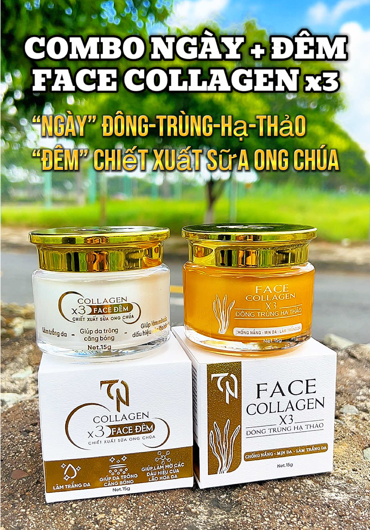 Bộ đôi kem face ngày và đêm collagen x3.  “Ngày” Đông-Trùng-Hạ-Thảo  “Đêm” Chiết xuất sữa ong chúa #bonglamdepp #collagenx3 #kemchongnangnangtone #myphamdonganh #xuhuong 