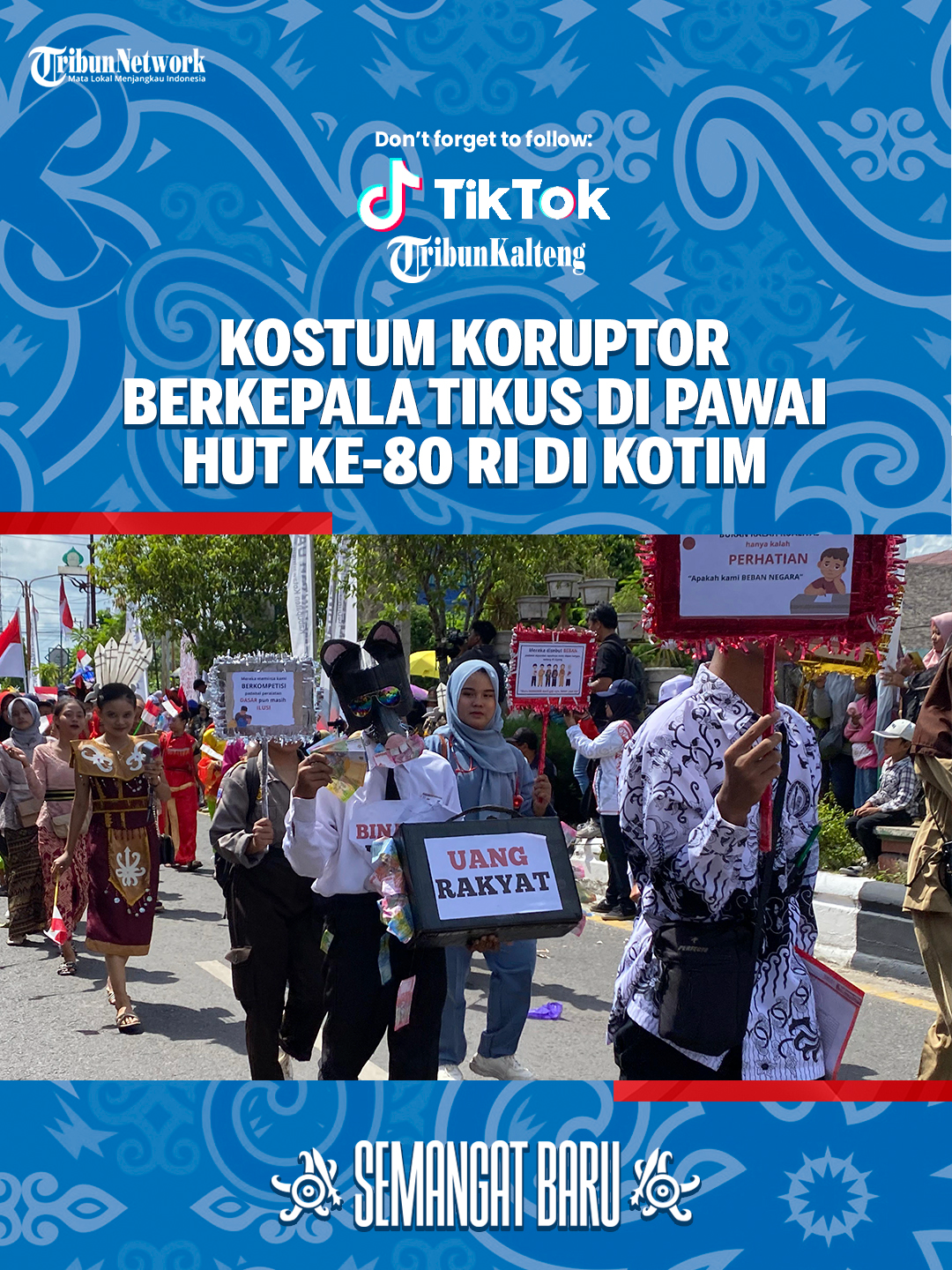 TRIBUNKALTENG.COM, SAMPIT – Pawai Pembangunan dalam rangka memperingati HUT ke-80 Kemerdekaan Republik Indonesia di Kabupaten Kotawaringin Timur (Kotim), Kalimantan Tengah berlangsung meriah, Sabtu (30/8/2025). Namun, ada satu penampilan unik yang menjadi sorotan masyarakat, yakni kostum bertema koruptor berkepala tikus yang dikenakan seorang siswa. Penampilan itu datang dari rombongan SMPN 7 Sampit. Seorang siswa tampil mengenakan jas layaknya pejabat, dengan kepala tikus besar, sambil menebarkan uang mainan ke arah penonton. Aksi ini sontak mengundang tepuk tangan dan sorakan penonton yang menyaksikan dari tepi jalan. Makna dari penampilan tersebut dinilai menyindir kondisi bangsa yang masih bergulat dengan praktik korupsi dan ketidakstabilan. Artikel selengkapnya: https://kalteng.tribunnews.com/kotawaringin-timur/218324/seru-siswa-smp-berkostum-koruptor-berkepala-tikus-di-pawai-hut-ke-79-ri-kotim-jadi-sorotan-warga #fyp #pawai #tikusberdasi #hutri #kotim #kalimantantengah