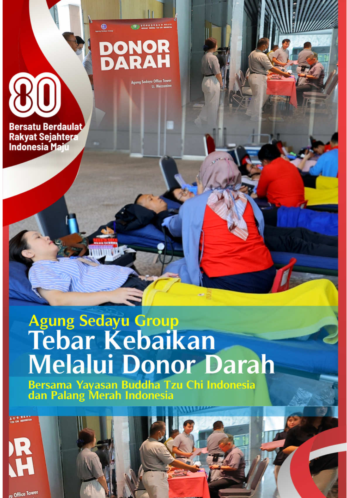 Rabu, 27 Agustus 2025 sebagai bentuk nyata kepedulian sosial, Agung Sedayu Group secara rutin mengadakan kegiatan donor darah yang berkolaborasi dengan Yayasan Buddha Tzu Chi Indonesia dan Palang Merah Indonesia (PMI). Acara yang berlangsung di ASG Tower ini menjadi wadah bagi banyak pihak termasuk keterlibatan langsung karyawan ASG untuk bergandengan tangan, tidak hanya untuk mendonorkan darah, tetapi juga untuk menyebarkan semangat berbagi kasih untuk yang membutuhkan. #yayasanbuddhatzuchiindonesia #tzuchi #donordarah #pmi #palangmerahindonesia #pantaiindahkapuk #asguntukindonesia #asg #agungsedayugroup