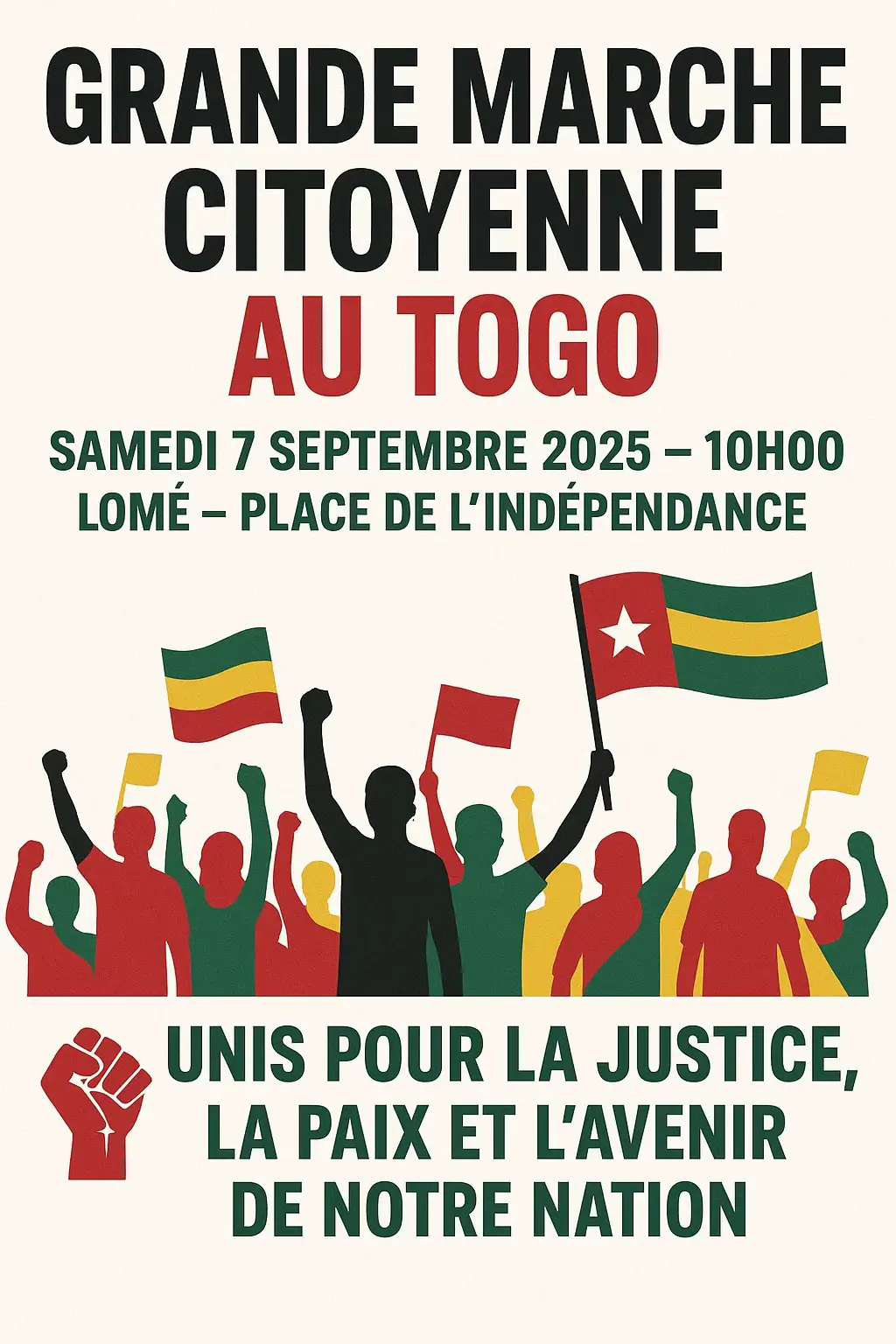 Chers frères et sœurs, Aujourd’hui, nous ne faisons pas qu’une marche. Nous écrivons une page de notre histoire. Une histoire où chaque citoyen, chaque femme, chaque homme, chaque jeune se lève pour dire : nous croyons en un avenir meilleur. Nous marchons pour la justice, car un peuple sans justice n’a pas d’équilibre. Nous marchons pour la paix, car sans paix, il n’y a ni progrès ni bonheur. Nous marchons pour l’avenir, car c’est à nous de préparer le chemin des générations à venir. Nos pas résonnent comme un appel à l’unité. Nos voix s’élèvent comme un chant d’espérance. Et ensemble, nous montrons que le Togo est grand, non pas par ses richesses matérielles, mais par la force de son peuple uni et debout. Que cette marche soit le symbole de notre détermination. Que cette journée marque le début d’un souffle nouveau. Et que demain, nous puissions regarder en arrière avec fierté en disant : nous avons choisi la justice, la paix et l’avenir. ✊🇹🇬 Unis, nous sommes invincibles.#togolais228🇹🇬 #togotiktok228🇹🇬 #lome #togotiktok #togo🇹🇬 