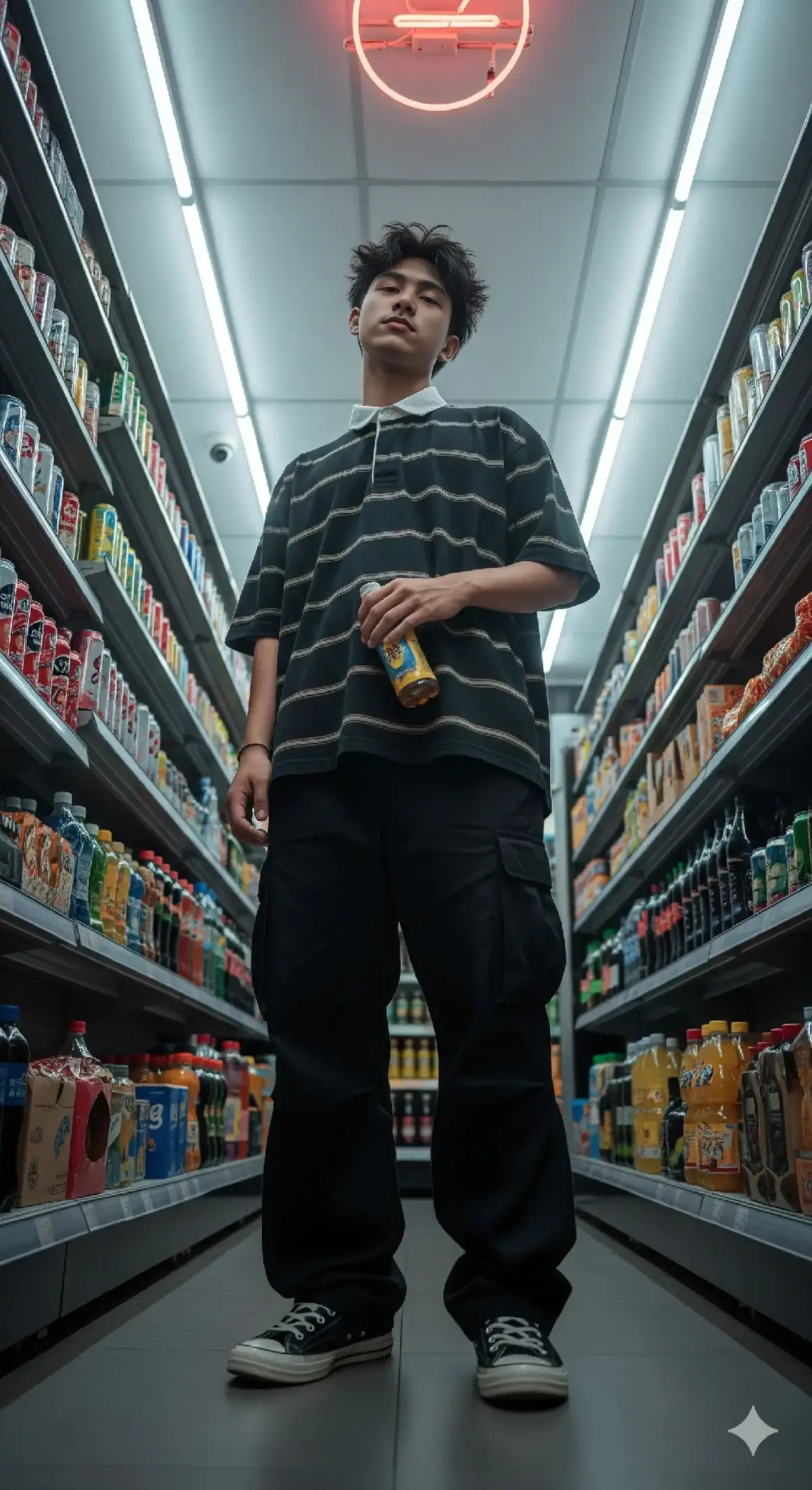 Prompt : A young man stands in a convenience store aisle filled with shelves of drinks and packaged goods. The lighting is dark with neon lights overhead, creating an urban and somewhat mysterious atmosphere. The man is wearing a red cap, a black T-shirt with a large logo, and jeans. He holds a bottle of water in his right hand and stares at the camera with a relaxed yet slightly vacant expression. The camera uses a wide-angle lens from below, creating a dramatic effect and creating an edgy, street-style atmosphere. #chill #fy #fyppppppppppppppppppppppp #ai #fypage 