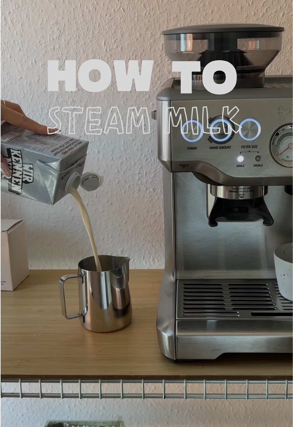 How I steam oat milk for latte art with the Sage Barista Express ☕✨ 1️⃣ Purge the steam wand. 2️⃣ Hold the jug at a slight angle and place the wand just under the surface. 3️⃣ Create a whirlpool and let in a little air - you should hear a gentle paper-tearing tss-tss sound. If bubbles appear, wait until they get pulled back in. 4️⃣ Then sink the wand a bit deeper to keep the milk swirling until the texture is silky & glossy. (not that easy with oat milk) This is just how I do it, always open for improvement. #coffee #homebarista #latteart #sagecoffeemachine #oatmilk