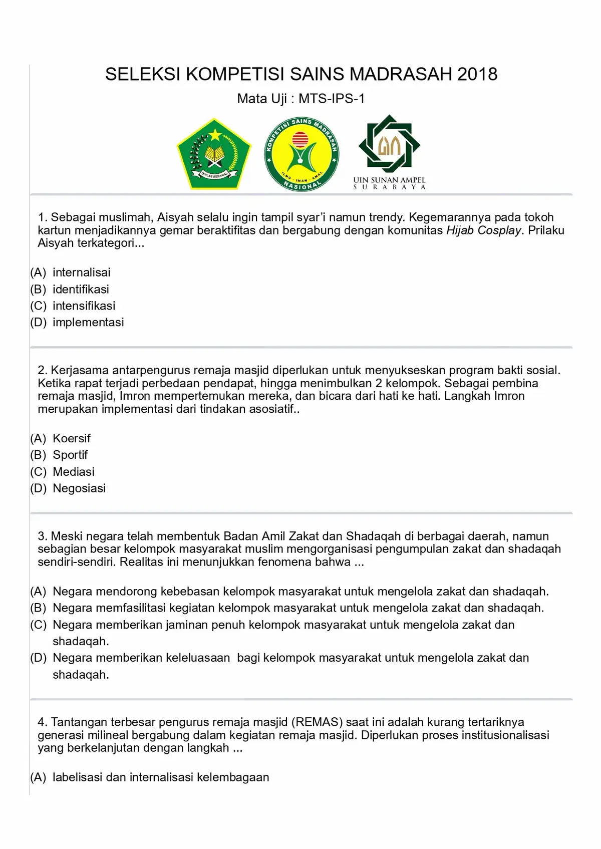 Soal KSM IPS MTs 2018. Soal-soal lama untuk belajar OMI. Perhatikan integrasi agamanya. Bagian yang akan keluar di OMI 2025 #omi #ksm #omi2025 