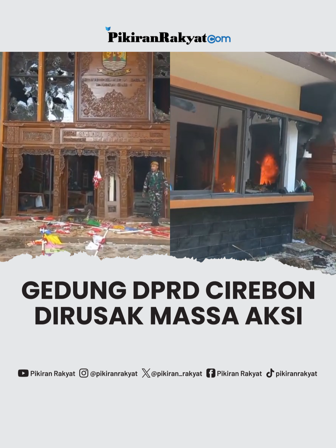 Gedung DPRD Kabupaten Cirebon turut menjadi sasaran aksi unjuk rasa. Para pengunjuk rasa merusak jendela hingga pecah, dan membakar pos security. Peristiwa ini terjadi pada Sabtu, 30 Agustus 2025. . Sumber: Instagram @/kabarcirebon . #DPR #DPRD #Cirebon #Demo