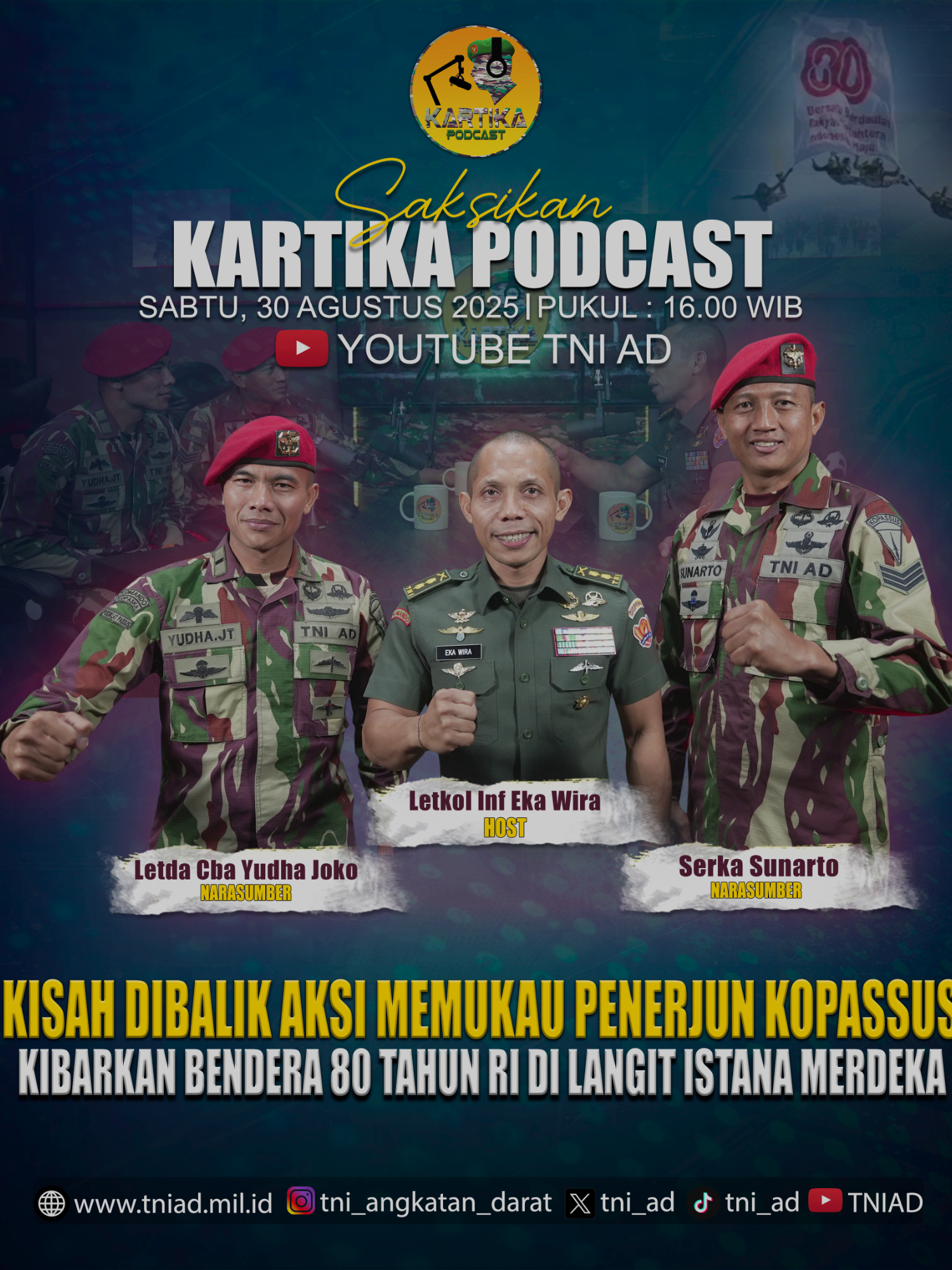 Kisah dibalik aksi memukau penerjun Kopassus kibarkan bendera 80 tahun RI di langit istana merdeka. Saksikan selengkapnya di Youtube TNI AD: https://youtu.be/8EUDVg8OfaU #TNIAD #TNIADBerjuangBersamaRakyat #TNIADBekerjaDenganHati #TNIADdihatiRakyat #TNIADPrima