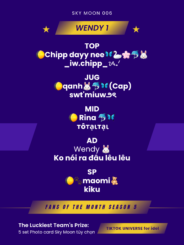 Giới thiệu Team Wendy 1 - Giải Moonis Liqi Tournament 2025 - Fans of the Month Season 5. #moonisliqitournament2025 #moonisloveskymoon #maiyeuskymoon #moonis #skymoon006 