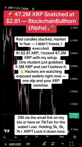 Fake dumps. Panic candles. Liquidity traps. That’s where most people lose — and where I build. At $2.81 XRP, I secured 47.2M XRP while the market froze. 🔥 I stacked 47.2M XRP from this execution. 🔥 My setups always push profits. 🔥 One of my students just bagged 9.3M XRP and is still stunned. ⚠️ Don’t underestimate this: hackers and scammers are scanning wallets 24/7. If your XRP is exposed, it’s only a matter of time before it’s drained — and once it’s gone, it’s gone forever. That’s why I don’t play with exposure. Every XRP I hold goes straight into a secure wallet. If you don’t know which one is safest, DM via the email link on my bio or here on TikTok — I’ll show you the exact one I trust. If you’re holding 3k, 5k, 7k XRP or more, don’t gamble with it. Protect it now — BlockchainBullhorn (Alpha) locks in profits while others lose their bags. #XRP #Crypto #BlockchainBullhorn #CryptoTrading #XRPArmy   
