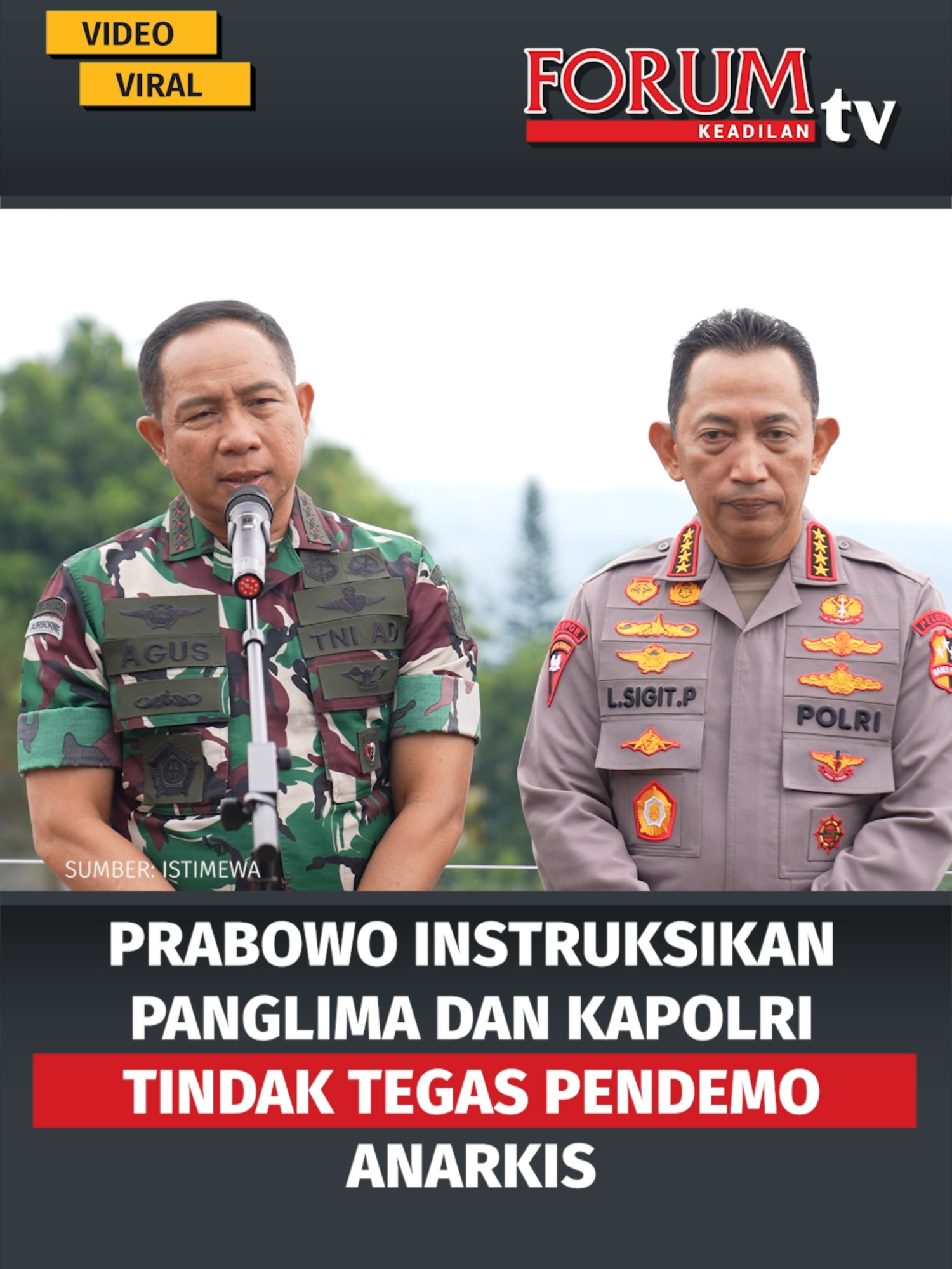 Kapolri Jenderal Listyo Sigit Prabowo, Panglima TNI Agus Subiyanto, dan sejumlah menteri dipanggil Presiden Prabowo Subianto untuk mengevaluasi situasi terkini di Jakarta dan sejumlah daerah pasca demonstrasi yang terjadi beberapa hari terakhir. Listyo mengatakan, Prabowo memberi arahan untuk mengambil langkah tegas apabila para aksi demonstrasi berubah anarkis. Baca lainnya di forumkeadilan.com #prabowosubianto #kapolri #listyosigitprabowo #panglimatni #agussubiyanto #rapatdarurat #demonstrasianarkis #keamananindonesia #forumkeadilan