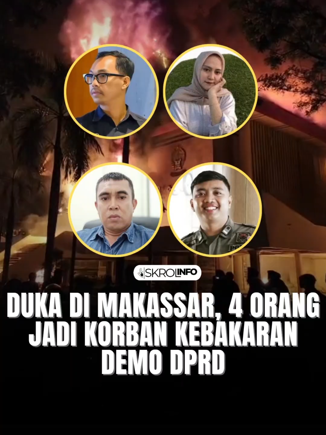 4 Orang Tewas dalam Insiden Kebakaran Gedung DPRD Makassar Makassar lagi digemparkan insiden kebakaran di gedung DPRD Kota Makassar, Sulawesi Selatan pada Jumat, 29 Agustus 2025 malam. Peristiwa ini bikin empat orang kehilangan nyawa. Kepala Bappeda Kota Makassar, Dahyal, menyampaikan pada Sabtu, 30 Agustus 2025, bahwa korban pertama adalah Syaiful Anwar, Kasi Kesra Kecamatan Ujung Tanah yang hadir menggantikan camat dalam rapat paripurna. Korban kedua bernama Ubay, fotografer DPRD Makassar yang terjebak di dalam gedung. Korban ketiga, Sarina, staf pendamping anggota dewan Andi Tendri Uji, juga ditemukan sudah tidak bernyawa saat proses evakuasi. Korban keempat, seorang anggota Satpol PP bernama Budi, meninggal setelah berusaha menyelamatkan diri dengan melompat dari lantai 4 gedung. 👉 Saat ini, pihak berwenang masih mendalami kronologi dan penyebab kebakaran yang menelan korban jiwa ini. 📰 Metrotvnews, Warta Ekonomi --- ⚡Follow @skrolinfo biar nggak FOMO! 🎯 Info scrollable, relatable, penuh fakta & opini buat netizen cerdas. Skrol dulu, baru ngerti. --- #Makassar #BeritaHariIni #UpdateTerkini #demoMakassar #DPRDMakassar 