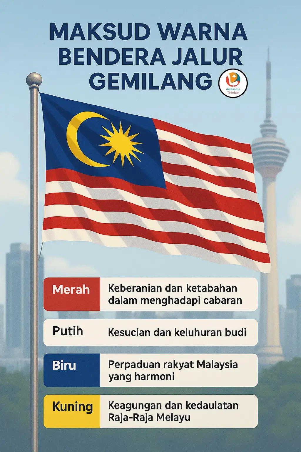 🇲🇾 Maksud Warna Jalur Gemilang 🇲🇾 Tahukah anda setiap warna pada bendera Malaysia mempunyai makna yang sangat besar? 🌟 ❤️ Merah – Keberanian & ketabahan rakyat 🤍 Putih – Kesucian & keluhuran budi 💙 Biru – Perpaduan rakyat Malaysia yang harmoni 💛 Kuning – Keagungan & kedaulatan Raja-Raja Melayu ✨ Jalur Gemilang bukan sekadar bendera, tetapi lambang kesatuan, maruah & semangat bangsa Malaysia! 🇲🇾 0125347791 - Amirah https://www.wasap.my/60125347791/FBawesomethinker #AwesomeThinker #JalurGemilang #31Ogos2025 #KelasTuisyenPrivate #KelasTuisyenCentre