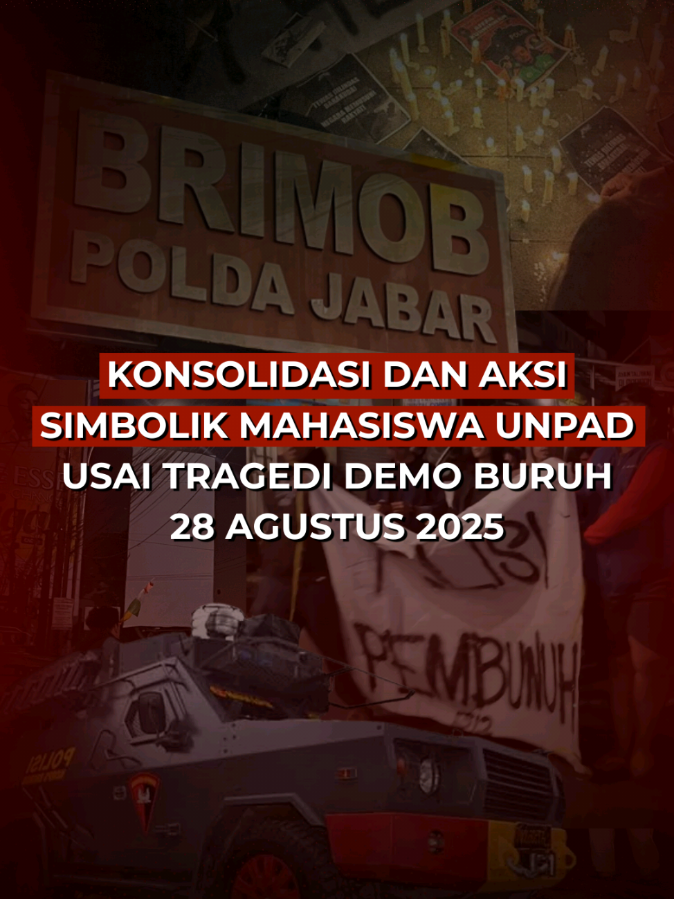 [KONSOLIDASI DAN AKSI SIMBOLIK MAHASISWA UNPAD USAI TRAGEDI DEMO BURUH 28 AGUSTUS 2025] Tragedi Kamis (28/08) yang menewaskan seorang driver ojol usai dilindas kendaraan taktis Brimob mendapat perhatian serius dari Kema Unpad. Malam harinya, mahasiswa berkumpul di Selasar Bale Santika untuk konsolidasi, membahas jalannya aksi, serta menyuarakan keprihatinan dan solidaritas terhadap korban. Forum ini menjadi wadah refleksi sekaligus sikap kritis mahasiswa atas tindakan aparat yang dianggap berlebihan. Hasil konsolidasi berlanjut dengan aksi simbolik menuju markas Brimob Polda Jabar di Jatinangor. Massa berjalan kaki melakukan pawai dari Bale Santika Unpad sambil membawa banner dan toa, lalu mencopot sebagian huruf pada papan nama “BRIMOB POLDA JABAR” sebagai bentuk perlawanan. Aksi ini menegaskan bahwa mahasiswa tidak tinggal diam dan terus menyerukan pertanggungjawaban atas tragedi tersebut. Tim Liputan: Siti Safriani dan M. Rafi Almaliki Bidang Redaksi LPM VONIS FH UNPAD Kabinet Gelanggang Aksara