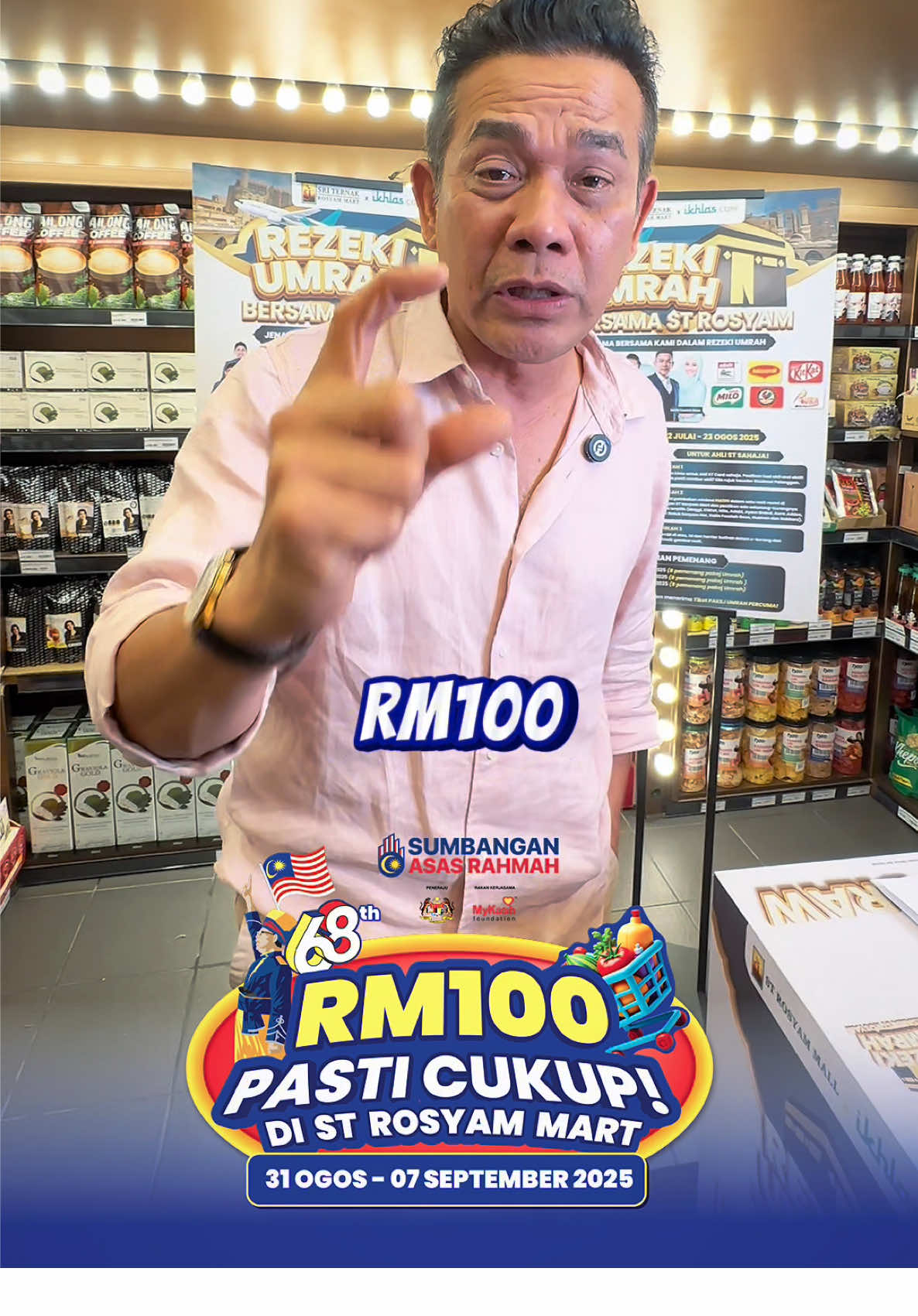 Dengan RM100 korang berpeluang MEMENANGI UMRAH 😱Moga ada rezeki korang 😍 📌Lelong Bulan Merdeka! 📌PWP – Barangan kedua DISKAUN sehingga 50% 📌GWP – BELANJA RM100 SARA PERCUMA HADIAH ISTIMEWA! 📌Stamp & Win dan berpeluang menangi Proton X70 📌Dan yang paling BEST – berpeluang MEMENANGI UMRAH! 😱 Adakah anda orang yang bertuah untuk membawa pulang semua ini? ✨ Ingat.. RM100 pasti cukup di ST Rosyam Mart 💯  Berbelanja di ST Rosyam Mart, Dompet Abang Selamat 🥰 #strosyammart #sriternak #trending #fyp #viral 