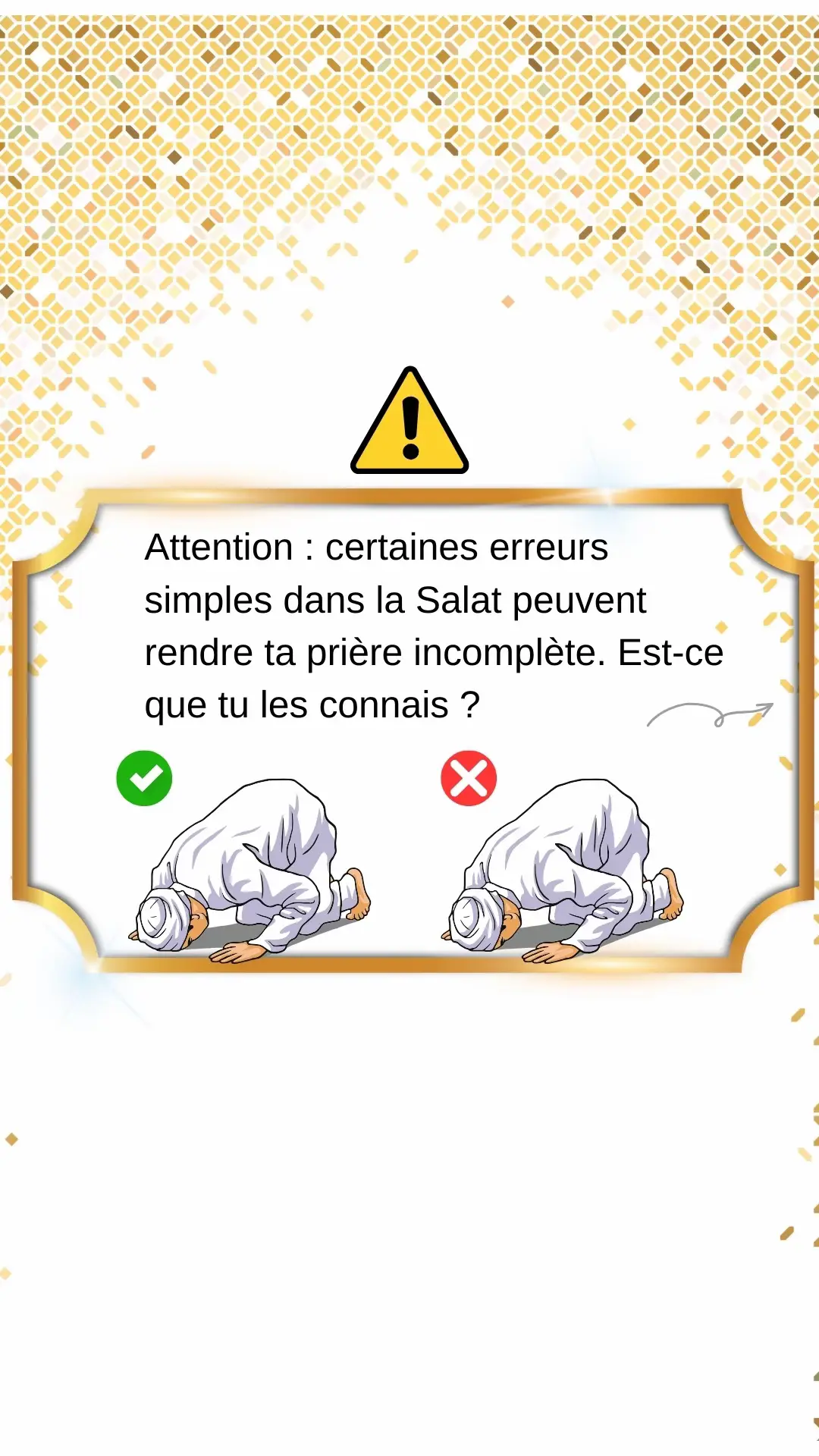 Précision ⚠️: J’ai trouvé dans les commentaires de nombreuses personnes affirmant que l’essentiel est l’intention et l’orientation vers la Qibla, sans nécessairement prêter attention à tous les détails. Mon cher frère, ta prière n’est pas invalide. Il est vrai que l’intention est primordiale. Cependant, certaines Sunnah, comme celles-ci, si tu les accomplis, tu en seras récompensé, et si tu les abandonnes, tu n’en commets aucun péché. Attention :certaines erreurs simples dans la Salat peuvent rendre ta prière incomplète. Est ce que tu les connais?  Découvrons ensemble les erreurs les plus courantes 🤍❤️ Like ❤️et abonne toi📥, partager avec votre proche amie.  #priereislam #quizeislamique #questions #islamique 