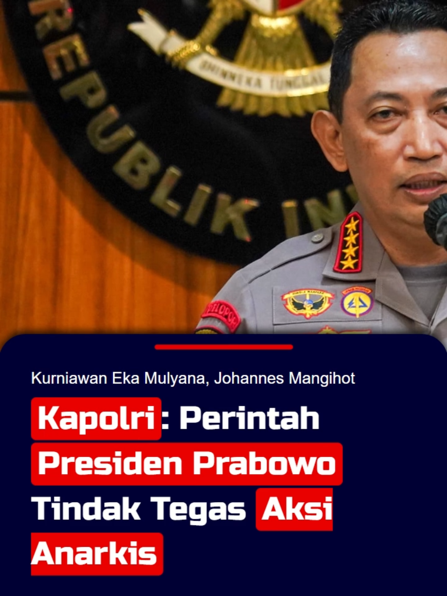 Kapolri: Perintah Presiden Prabowo untuk TNI dan Polri, Tindak Tegas Aksi Anarkis Kapolri Jenderal Pol Listyo Sigit Prabowo menyampaikan perintah Presiden Prabowo Subianto untuk mengambil tindakan tegas terhadap aksi yang bersifat anarkis. Kapolri menyoroti aksi unjuk rasa yang terjadi di sejumlah daerah beberapa hari terkahir. Listyo menyatakan aksi yang berlangsung di beberapa wilayah cenderung tidak sesuai dengan Undang-Undang Nomor 9 tahun 1998, terkait kemerdekaan menyampaikan pendapat di muka umum. Menurutnya eskalasi aksi unjuk rasa beberapa hari terakhir cenderung terjadi tindakan anarkis di beberapa wilayah. Seperti dari pembakaran gedung, penyerangan petugas, pembakaran dan perusakan fasilitas umum. Tindakan-tindakan tersebut di luar dari aksi demo untuk menyatakan pendapat di muka umum yang tidak sesuai dengan ketentuan yang berlaku, dan mengarah pada peristiwa pidana. Sahabat KompasTV juga bisa memperoleh informasi terkini melalui website www.kompas.tv. #kapolri#perintahpresiden#presidenprabowo#aksianarkis#anarkis#aksiunjukrasa#demo#polripresisi #polri