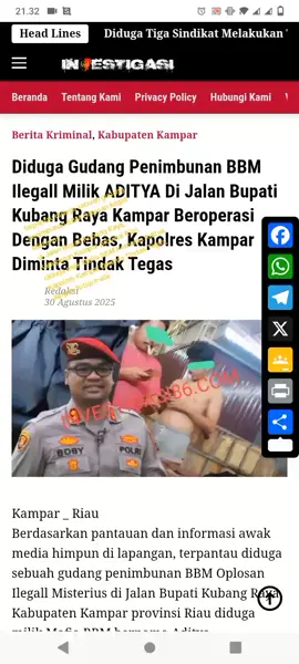Terpantau diduga sebuah gudang penimbunan BBM Oplosan Ilegall Misterius di Jalan Bupati Kubang Raya Kabupaten Kampar provinsi Riau diduga milik Mafia BBM bernama Aditya. Kapolres Kampar AKBP Boby Ramadhan Sebayang Diminta Selidiki Dan Tindak Tegas Jangan Tutup mata @Div Propam Polri @Kapolri Indonesia @Herry Heryawan @Humas Polda Riau @MABES TNI @Dirreskrimum Polda Riau @presiden Prabowo 🇮🇩 @BARESKRIM POLRI @ABDUL WAHID RIAU @satreskrimpolreskampar  #bareskrimmabespolri #prabowosubianto #kapolri #propampoldariau #presidenrepublikindonesia 
