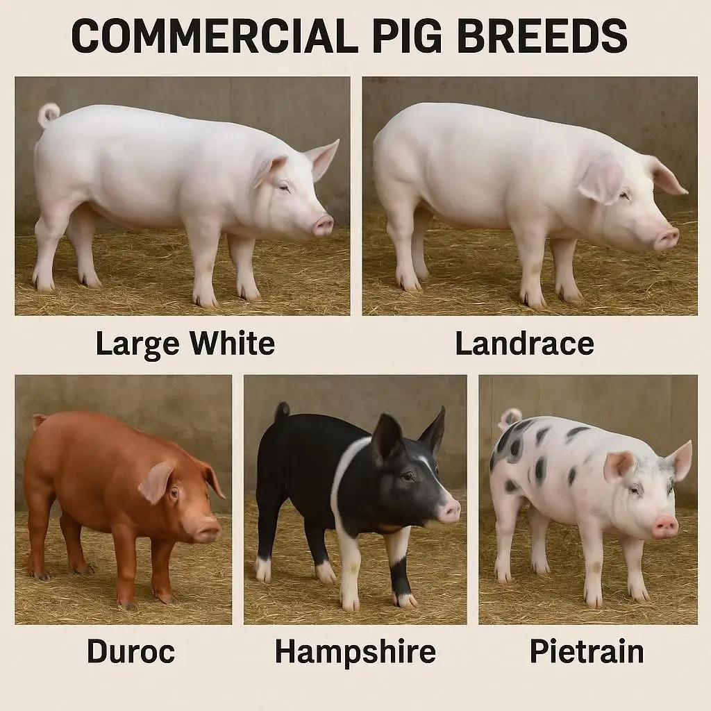 Here’s a breakdown of the most common commercial pig breeds and what makes each unique: 1. Large White (Yorkshire) Appearance: Large, white pigs with erect ears and slightly dished faces  Animal & Food Sciences Traits: Prolific breeders with large litters, excellent milk production, and strong maternal abilities Usage: A key maternal line in commercial crossbreeding, often paired with Duroc or Hampshire for market pigs  2. Landrace Appearance: Totally white with long bodies and large drooping ears Traits: Very high fertility, excellent milking capacity, and top-notch mothering—earning the nickname “America’s Sowherd”  Usage: Essential in maternal operations and crossbreeding programs  3. Duroc Appearance: Reddish-brown coat with drooping ears Traits: Exceptional growth rate, feed conversion, hardiness, and tender, marbled meat  Usage: Widely used as a terminal sire in crossbreeding to enhance meat quality  4. Hampshire Appearance: Black with a distinctive white belt around shoulders and front legs; erect ears Traits: Lean, muscular, with efficient growth and good temperament  Usage: Often used as a terminal sire for lean carcass quality  5. Pietrain Appearance: White body with black spots, erect ears Traits: Known for extreme muscularity and lean meat, though may carry the halothane gene Usage: Selected for traits that yield high muscle-to-fat carcass ratios. #fyp #baboy #negosyongpatok #farmlife #baboyanbusiness 