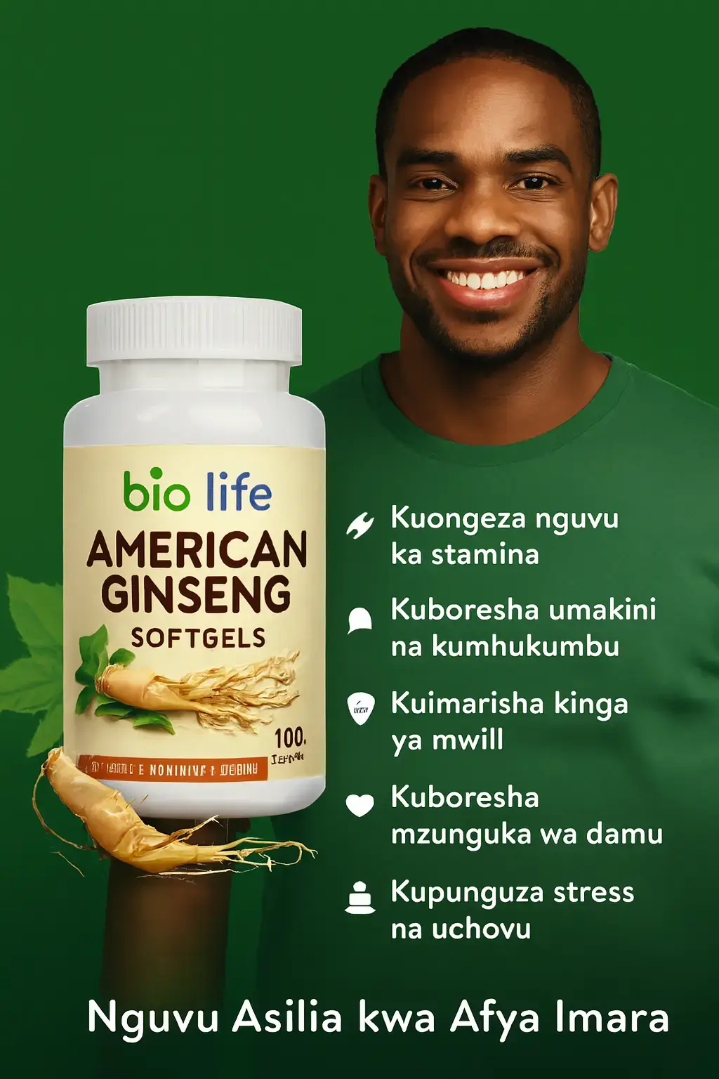 Nimekuelewa vizuri, Manase! Hii hapa ni toleo lililosafishwa la maelezo kamili ya American Ginseng kutoka Biolife Tanzania, bila barua pepe—limebaki safi, lenye mvuto wa kitaalamu na uzalendo wa afya: --- 🌿 American Ginseng – AG 100 Softgels (Biolife Tanzania) > ✨ Nguvu ya Asili kwa Mwili na Akili!   >   > AG 100 American Ginseng ni virutubisho vya hali ya juu vilivyotengenezwa kutoka mizizi ya pori ya Wild American Ginseng kutoka milima ya Appalachian, Marekani 🇺🇸.   >   > 💊 Vidonge hivi vimetengenezwa bila rangi, ladha, wala vihifadhi vya bandia—ni safi, salama, na rafiki kwa mwili wako. Kapsuli zake ni za mboga 🌱, zikiwa rafiki kwa mazingira na mwili. --- 💪 Faida Kuu za American Ginseng - 🔋 Kuongeza stamina na nguvu ya mwili   - 🧠 Kuboresha umakini na uwezo wa kumbukumbu   - 😌 Kupunguza stress na kuchochea utulivu wa akili   - 🛡️ Kuimarisha kinga ya mwili dhidi ya magonjwa   - ❤️ Kusaidia afya ya moyo na mzunguko wa damu   - 🔥 Kuongeza metabolism na uzalishaji wa nguvu   - 🌸 Kusaidia afya ya uzazi na nguvu za kiume/kike   - ✨ Kupunguza uzee wa mapema na kuongeza mng’ao wa ngozi   - 🧬 Kupambana na madhara ya mionzi na chemotherapy --- 🕒 Jinsi ya Kutumia - Tumia vidonge 1–2, mara 1–2 kwa siku, saa moja kabla ya chakula 🍽️   - Matokeo bora huonekana baada ya siku 60 za matumizi mfululizo 📆 --- 📍 Mawasiliano ya Biolife Tanzania – Ofisi za Mikoa - Dar es Salaam – Goba Rd, Njia Nne nyuma ya Afroil     ☎️ +255 688 820 050 / +255 673 402 024   - Arusha – Kaloleni, karibu na Mnara wa Mwenge     ☎️ +255 766 607 688   - Dodoma – Area D, karibu na CRDB     ☎️ +255 688 820 050   - Mbeya – Mwanjelwa, karibu na NMB     ☎️ +255 688 820 050   - Morogoro – Msamvu, karibu na stendi kuu     ☎️ +255 688 820 050   - Mwanza – Buhongwa, mbele ya lango la Shule ya Sekondari Buhongwa     ☎️ +255 682 034 530 / +255 750 676 353   - Zanzibar – Wasiliana kupitia ofisi kuu au tovuti     ☎️ +255 688 820 050   🌐 Tovuti rasmi: biolifestore.co.tz   📲 WhatsApp inapatikana kwa namba hizo kwa oda, ushauri wa kiafya, au mawasiliano ya haraka. - #AmericanGinseng 🇺🇸   - #BiolifeTanzania 🌿   - #AfyaImara 💚   - #NguvuYaMwili 💪   - #StressFree 😌  