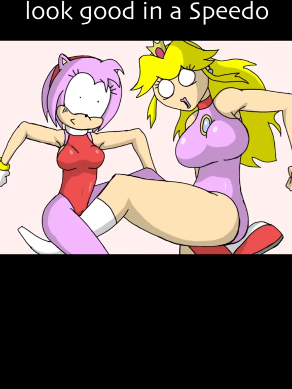 Amy Rose and Princess Peach try to distract each other in the wresling ring to land a low blow cheap shot!  Great minds think a like! And, oh yes.  Speedo Sonic and Speedo Bowser do exist. #prinesspeach #princesstoadstool #amyrose #sonamy 