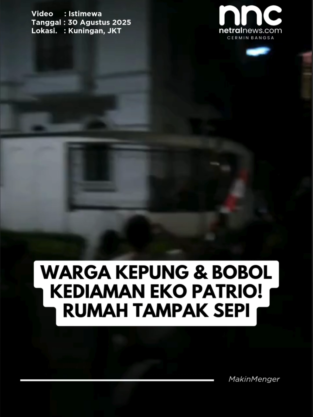 Massa mulai mendatangi rumah anggota DPR RI Eko Hendro Purnomo alias Eko Patrio di kawasan Jakarta Selatan, Sabtu (30/8) malam. Dari video yang beredar, tampak massa sudah berhasil menembus pagar rumah dan berjalan di pekarangan. Rumah Eko sendiri tampak gelap dan sepi.