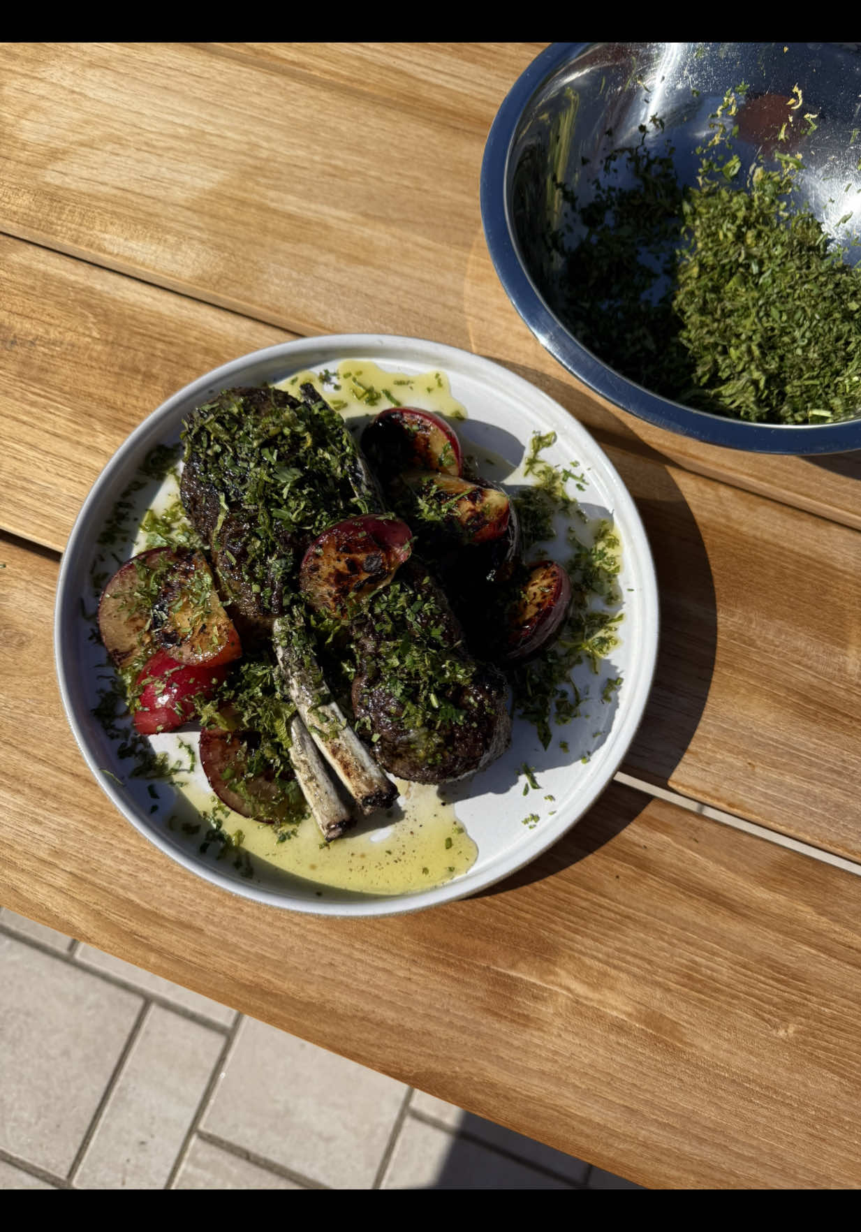 Grilled lamb chops with plums and shiso