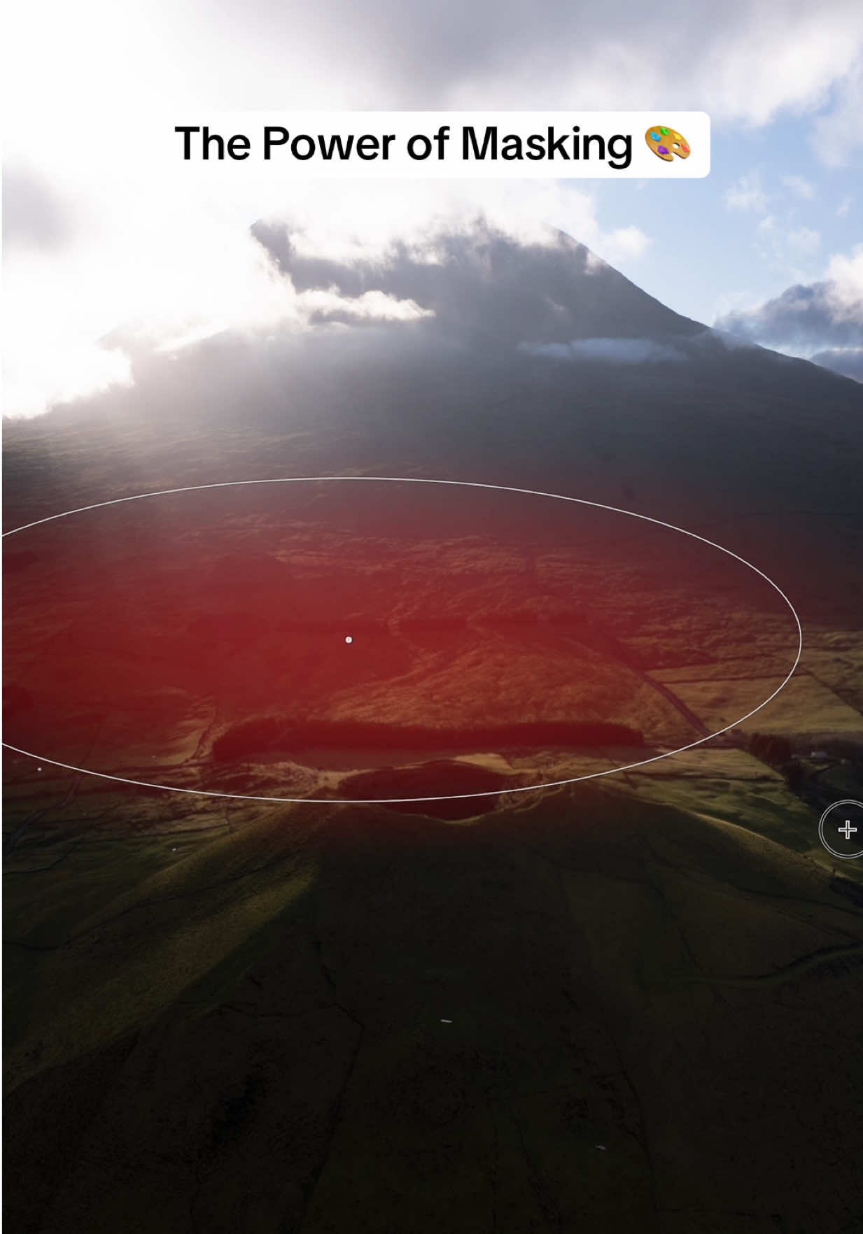 The Power of Masking Pt. 11 🌋 In landscapes like this, the challenge is balancing the dramatic light with the shadowed areas so the viewer’s eye follows the scene naturally. I used radial gradients to soften the highlights where the sun breaks through the clouds, while also lifting detail in the shadowed fields below. Linear gradients were added in the sky and in the foreground to subtly draw attention to the crater. Finally, I used selective dodging and burning to help emphasize the layers of the landscape, and guide the viewer through the image. It’s typically a build up of small adjustments like these that bring out the depth and scale of a scene while keeping the atmosphere true to how it felt in the moment. Shot by @Max Loew during an epic morning together in the Azores. #lightroom #photoediting #photographytips #tutorial #mobileediting