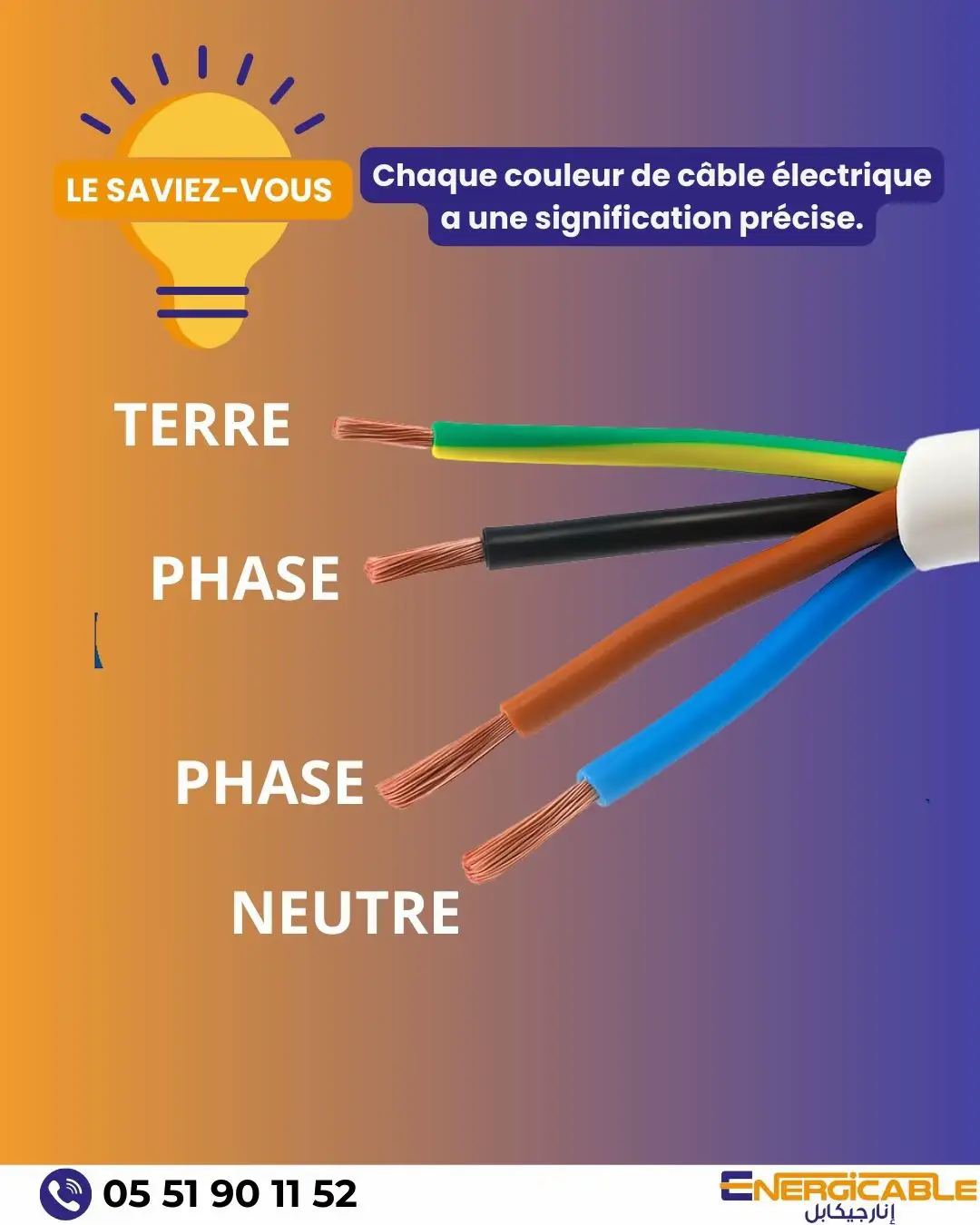 Les câbles électriques ne se distinguent pas seulement par leur taille, mais aussi par leurs couleurs. Chez ENERGICABLE, chaque câble est conçu pour offrir sécurité et performance. Les couleurs ne sont pas un détail : elles garantissent une installation claire et conforme aux normes. 🟢 Vert/Jaune → Terre 🔴 / ⚫ Marron / Noir → Phase 🔵 Bleu → Neutre 🔥 Avec ENERGICABLE, vous choisissez la qualité et la tranquillité d’esprit. 🔌✨ هل كنتم تعلمون؟ في ENERGICABLE، كل كابل مصمَّم ليمنحكم الأمان والأداء العالي. الألوان ليست مجرد تفصيل، بل تضمن لكم تركيبات واضحة ومتوافقة مع المعايير. 🟢 الأخضر/الأصفر → الأرضي 🔴 / ⚫ البني / الأسود → الطور (Phase) 🔵 الأزرق → الحيادي (Neutre) 🔥 مع ENERGICABLE، أنتم تختارون الجودة وراحة البال #cable #Électricité #SécuritéÉlectrique #CâblesÉlectriques #InstallationÉlectrique           