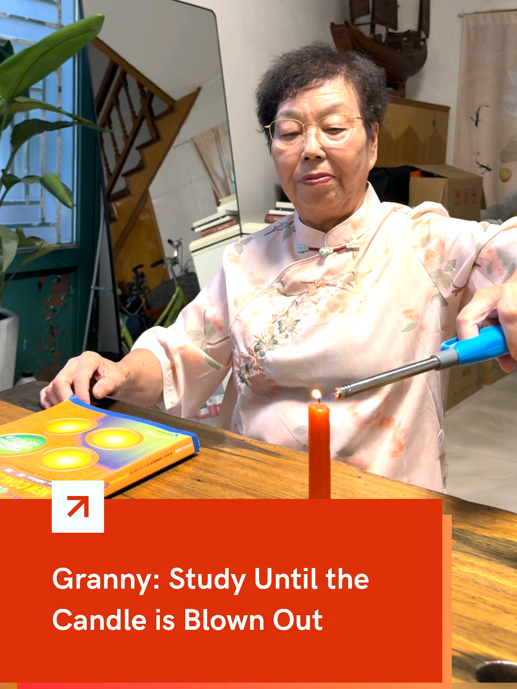 This sweet #Chinese granny flipped her #book so fast she accidentally blew out the candle, #study power too strong! 😂📖 #study #funny 
