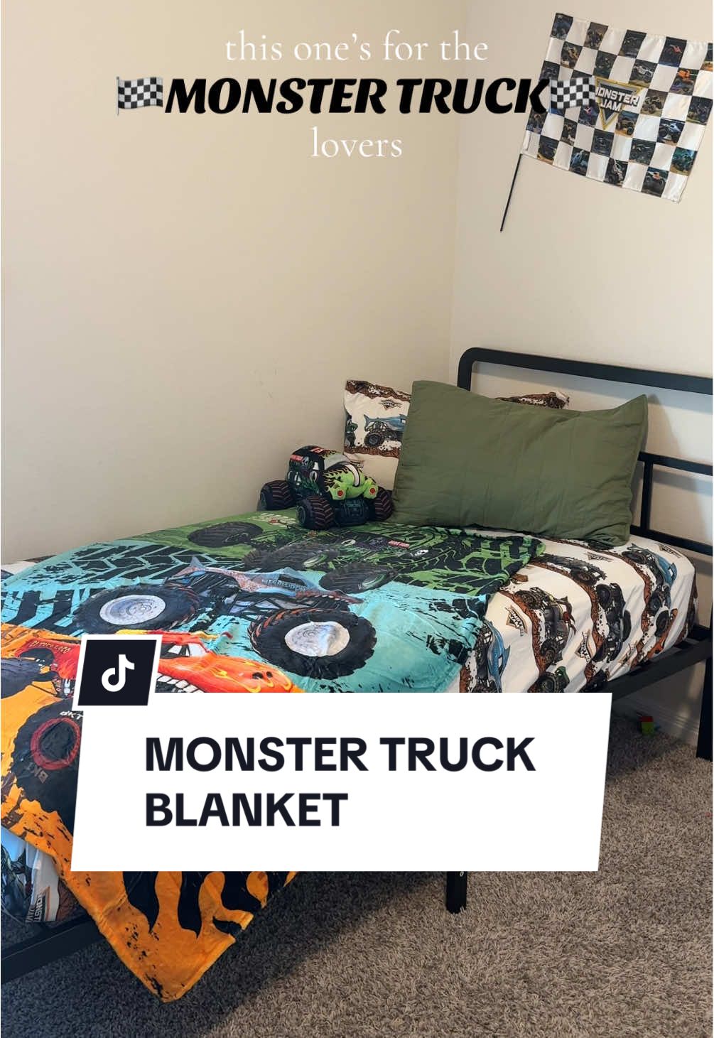 My son is currently OBSESSED with all things Monster trucks so this blanket is PERFECT 😍😍😍 #monsterjam #monstertrucks #monsterjammama #monstertruckblanket #monstertruckdecor 