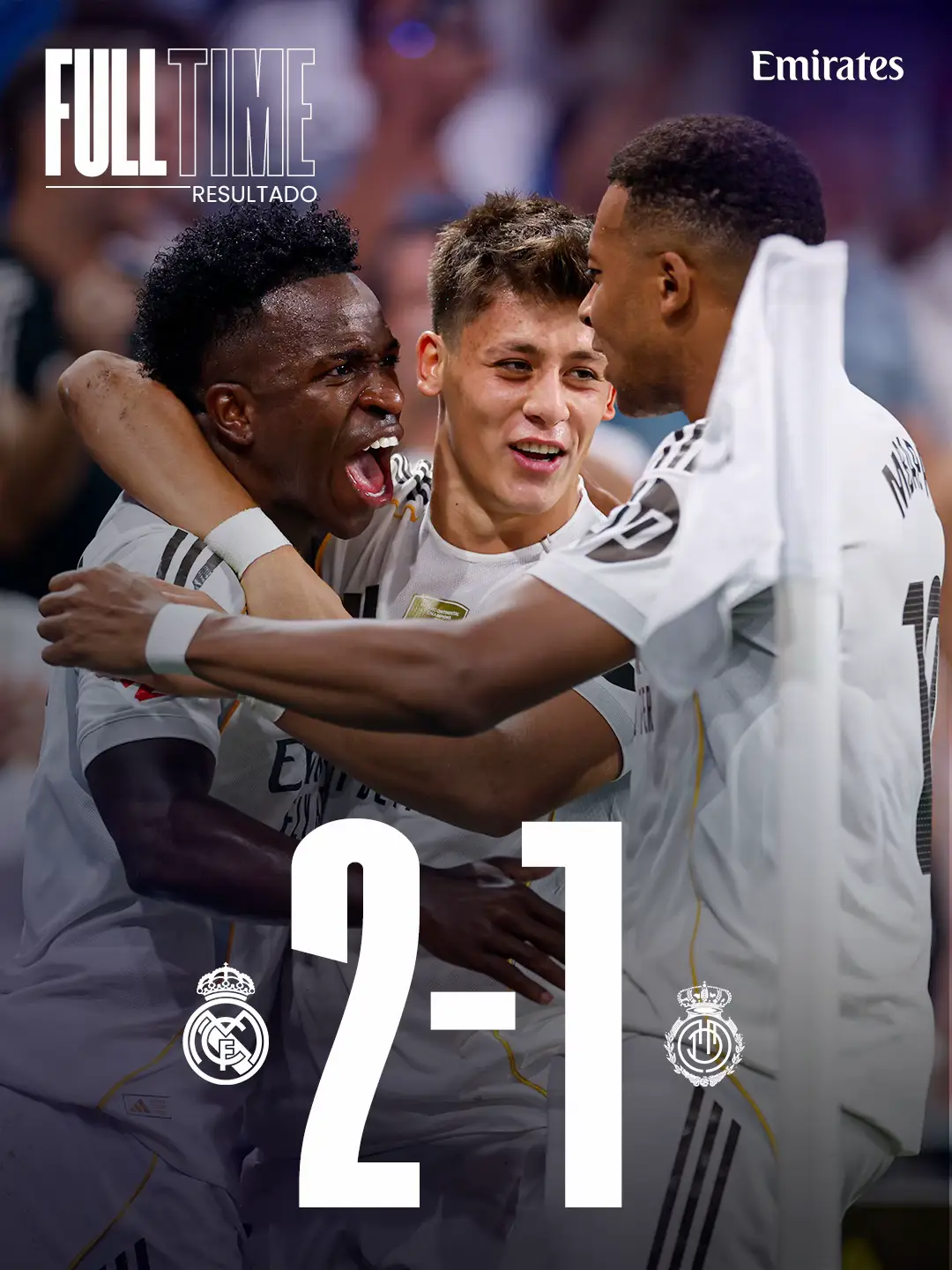 FT: #RealMadrid 2-1 Mallorca ⚽ 18' Muriqi ⚽ 37' #ArdaGüler ⚽ 38' #ViniJr  @Emirates 