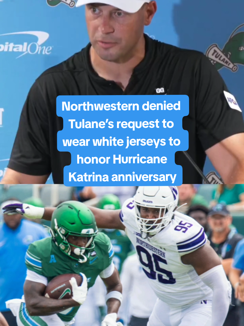 Jon Sumrall says he asked to wear white jerseys at Northwestern, which Tulane wore in its first game after Hurricane Katrina in 2005, but was denied. Tulane went on to win 23-3  (via TheJeffTakeWVUE | X)  #tulane #northwestern #cfb 