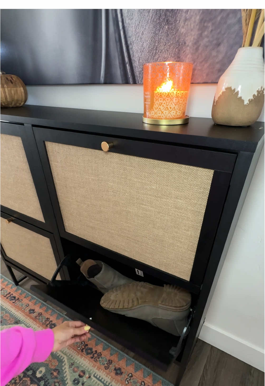 If you are sick of having shoes cluttering your entry way, you need a shoe cabinet! Not only is this one aesthetic and so cute it adds so much storage to the entry way! #shoes #shoecabinet #shoestorage #shoerack #entryway 